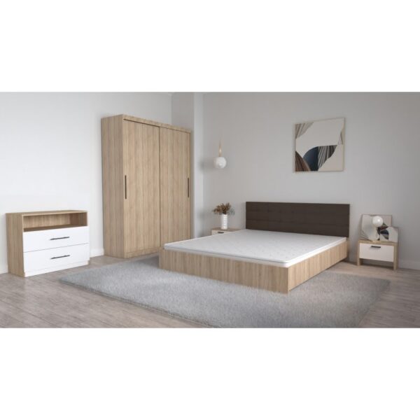 Set Dormitor Coral Stejar sonoma cu tablie tapitata Wenghe Dressing 2 usi glisante fara oglinda Noptiere si Comoda TV Royal