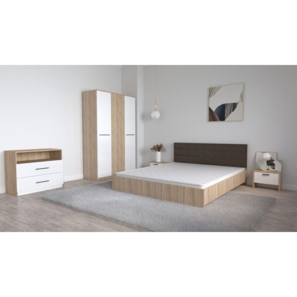 Set Dormitor Coral Stejar sonoma cu tablie tapitata Wenghe Dulap Lorena 3 usi Noptiere si Comoda TV Royal