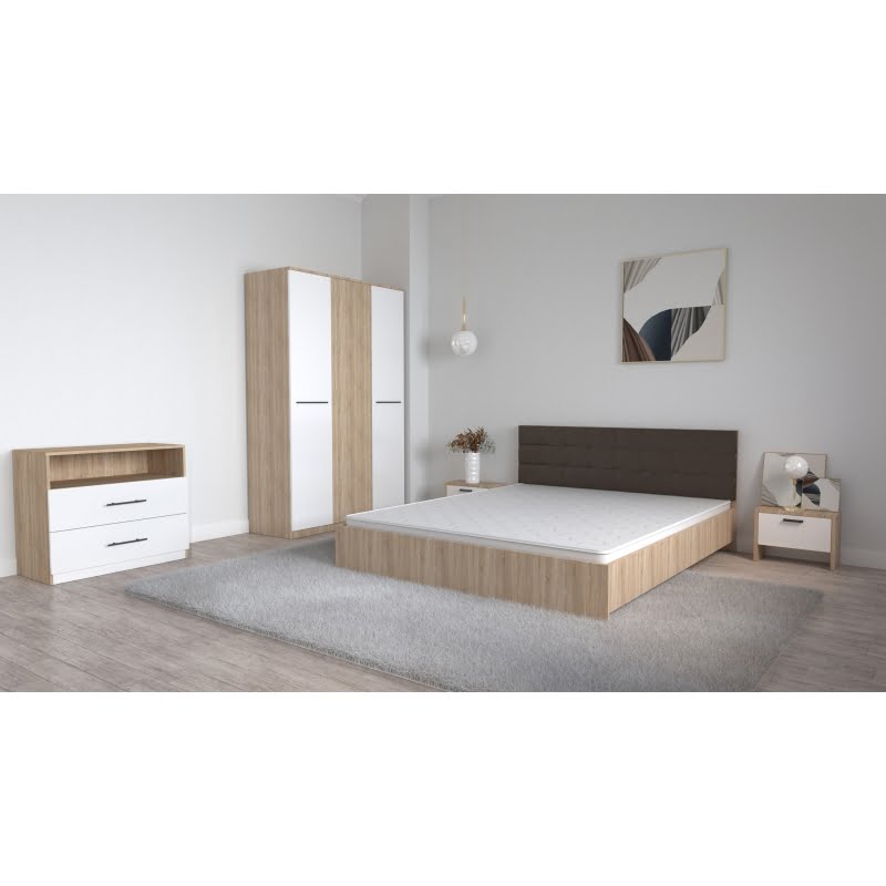 67.jpg Set Dormitor Coral Stejar sonoma cu tablie tapitata Wenghe Dulap Lorena 3 usi Noptiere si Comoda TV Royal - imagine 1