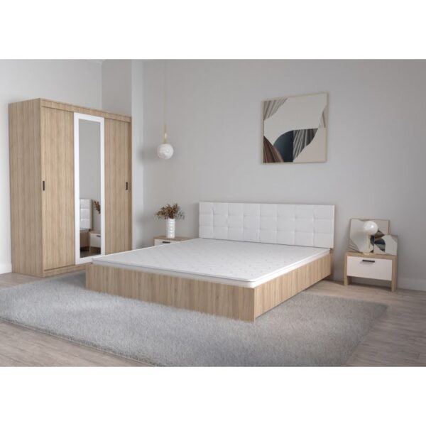 Set Dormitor Coral Stejar sonoma cu tablie tapitata Alba Dressing 3 usi glisante cu oglinda Noptiere fara Comoda TV