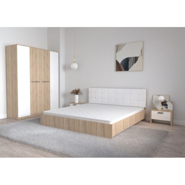 Set Dormitor Coral Stejar sonoma cu tablie tapitata Alba Dulap Lorena 4 usi Noptiere fara Comoda TV