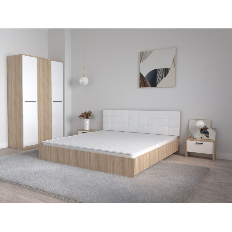 73.jpg Set Dormitor Coral Stejar sonoma cu tablie tapitata Alba Dulap Lorena 3 usi Noptiere fara Comoda TV - imagine 1