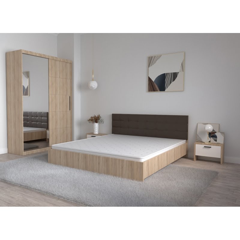 74.jpg Set Dormitor Coral Stejar sonoma cu tablie tapitata Wenghe Dressing 2 usi glisante cu oglinda Noptiere fara Comoda TV - imagine 1