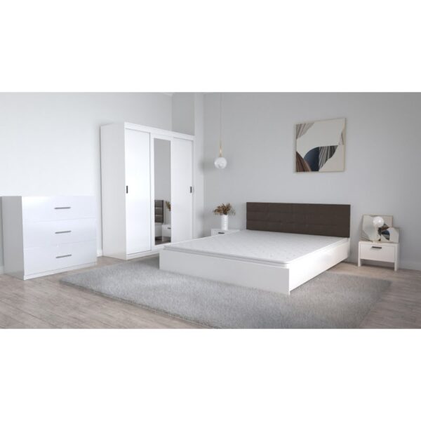 Set Dormitor Coral Alb cu tablie tapitata Magia Dressing 3 usi glisante cu oglinda Noptiere si Comoda Tv 3 sertare