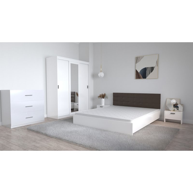 8-1.jpg Set Dormitor Coral Alb cu tablie tapitata Magia Dressing 3 usi glisante cu oglinda Noptiere si Comoda Tv 3 sertare - imagine 1