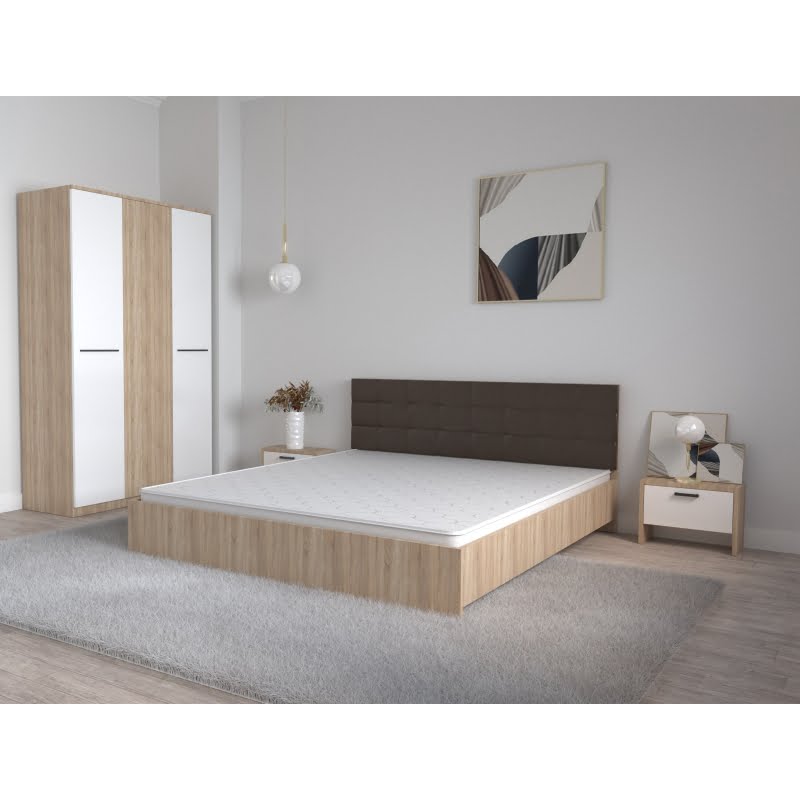 80.jpg Set Dormitor Coral Stejar sonoma cu tablie tapitata Wenghe Dulap Lorena 3 usi Noptiere fara Comoda TV - imagine 1