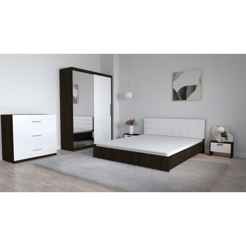 81.jpg Set Dormitor Coral Wenghe cu tablie tapitata Alba Dressing 2 usi glisante cu oglinda Noptiere cu Comoda TV 3 sertare - imagine 1