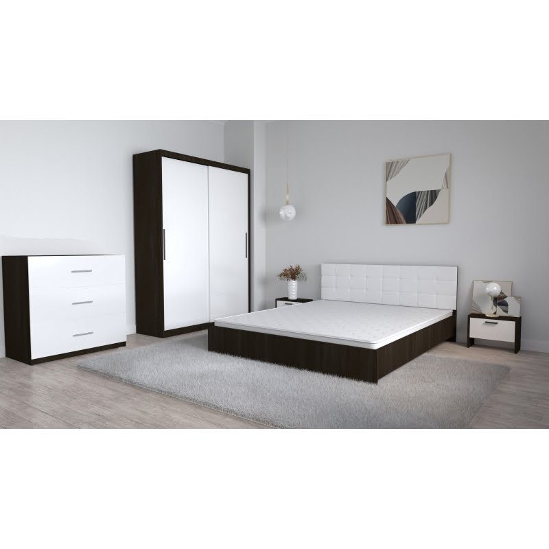 82.jpg Set Dormitor Coral Wenghe cu tablie tapitata Alba Dressing 2 usi glisante fara oglinda Noptiere si Comoda TV 3 sertare - imagine 1