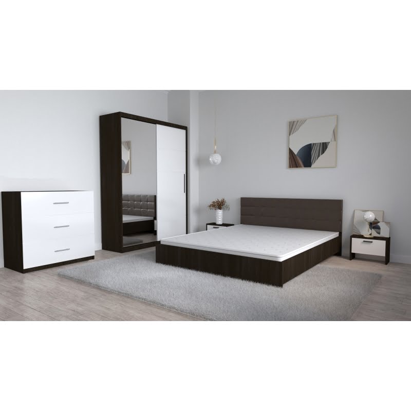 86.jpg Set Dormitor Coral Wenghe cu tablie tapitata Wenghe Dressing 2 usi glisante cu oglinda Noptiere si Comoda TV 3 sertare - imagine 1