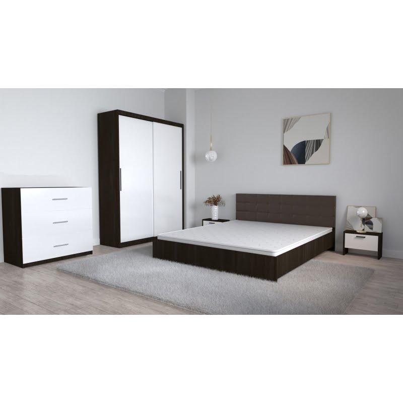 87.jpg Set Dormitor Coral Wenghe cu tablie tapitata Wenghe Dressing 2 usi glisante fara oglinda Noptiere si Comoda TV 3 sertare - imagine 1