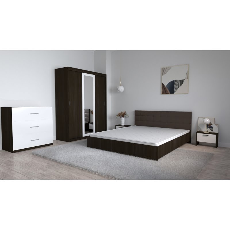 88.jpg Set Dormitor Coral Wenghe cu tablie tapitata Wenghe Dressing 3 usi glisante cu oglinda Noptiere si Comoda TV 3 sertare - imagine 1