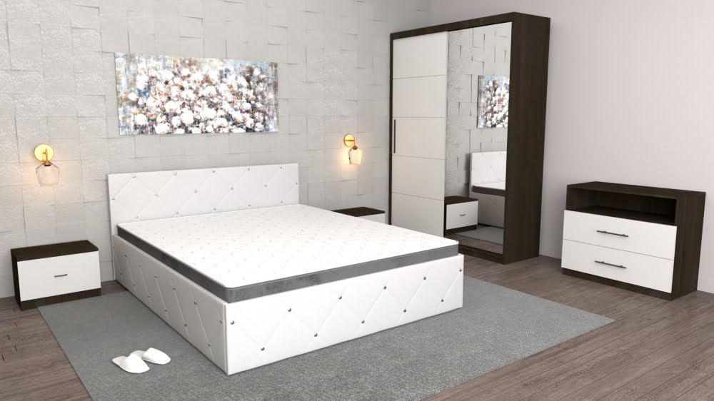 9.jpg Dormitor Milano Alb Wenge cu comoda tv Wenge,Dulap usi glisante cu oglinda Wenge, Pat Matrimonial Alb si Noptiere Wenge - imagine 1