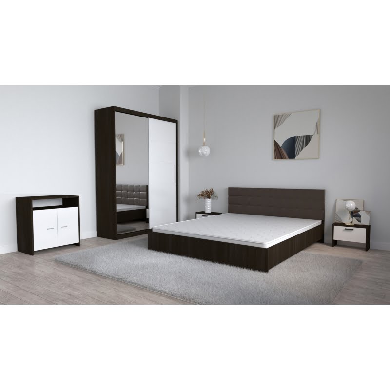 96.jpg Set Dormitor Coral Wenghe cu tablie tapitata Wenghe Dressing 2 usi glisante cu oglinda Noptiere si Comoda TV Lorena - imagine 1