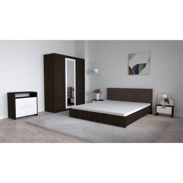 Set Dormitor Coral Wenghe cu tablie tapitata Wenghe Dressing 3 usi glisante cu oglinda Noptiere si Comoda TV Lorena