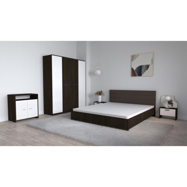 Set Dormitor Coral Wenghe cu tablie tapitata Wenghe Dulap Lorena 4 usi Noptiere si Comoda TV Lorena