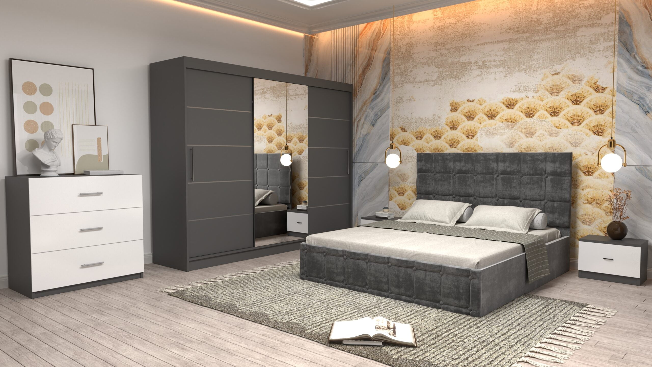 9j-scaled-1.jpg Dormitor Regal cu Pat Matrimonial Gri Stofa Dulap usi glisante 250 x 200 cm Gri cu usi Gri Cu Oglinda si Noptiere comoda TV - imagine 1