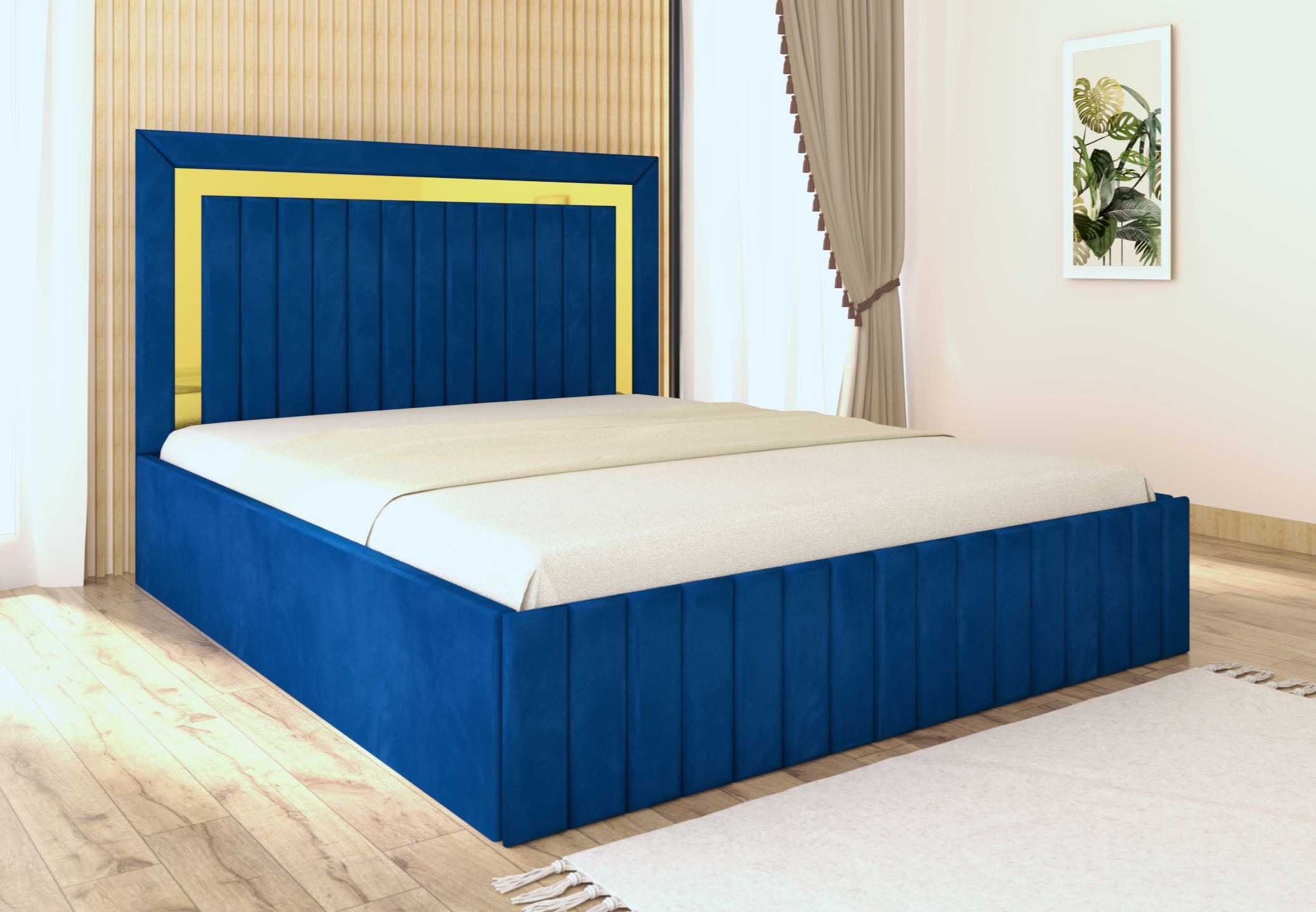 Albastru-Gold.png Pat tapitat Matei Albastru Stofa cu oglinda Gold - imagine 1