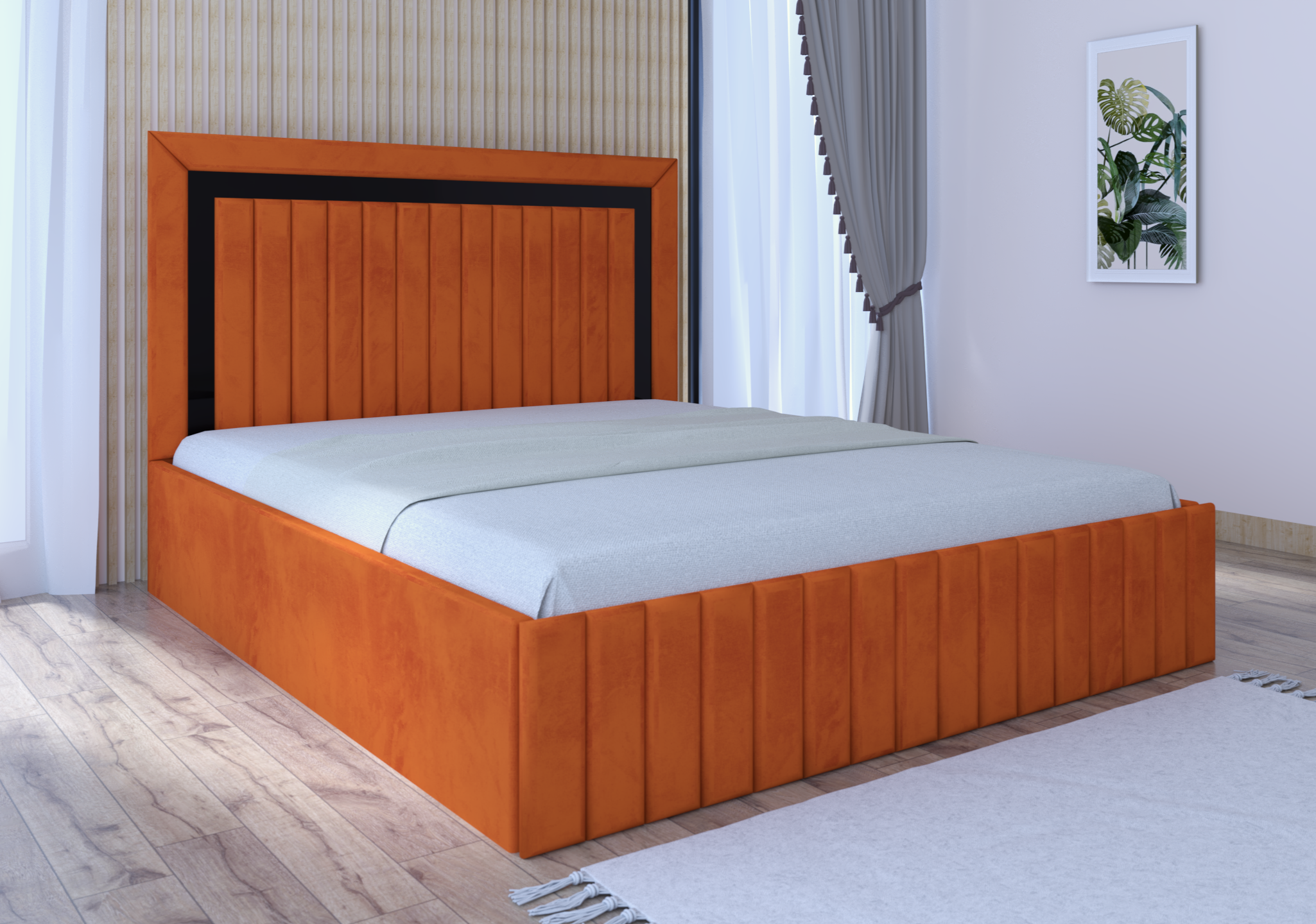 Caramiziu-negru.png Pat tapitat Matei Cărămiziu Stofa cu oglinda Neagra - imagine 1