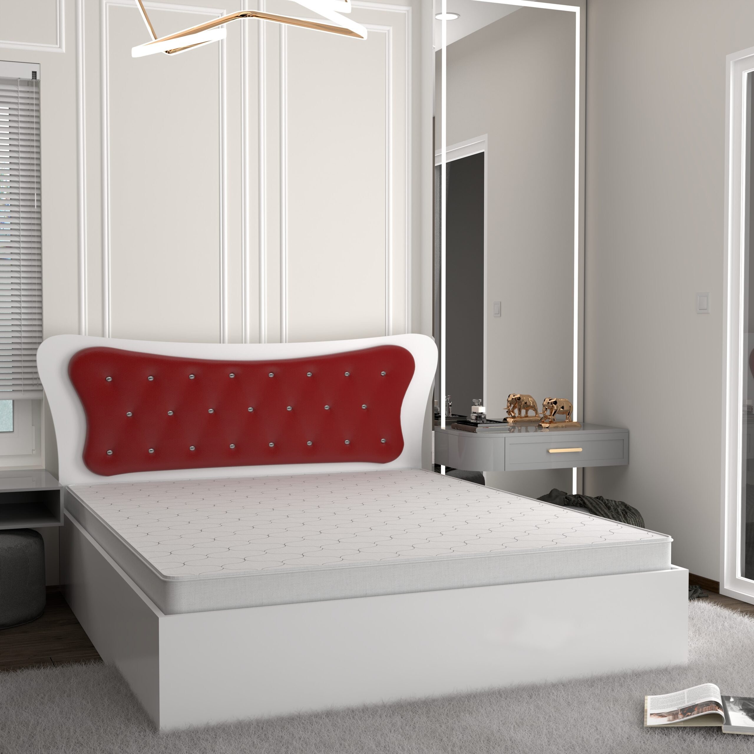 Dante-alb-rosu-scaled-1.jpg Pat Dante Alb cu Tapiterie Rosie 160 cm x 200 cm Fara Saltea - imagine 1