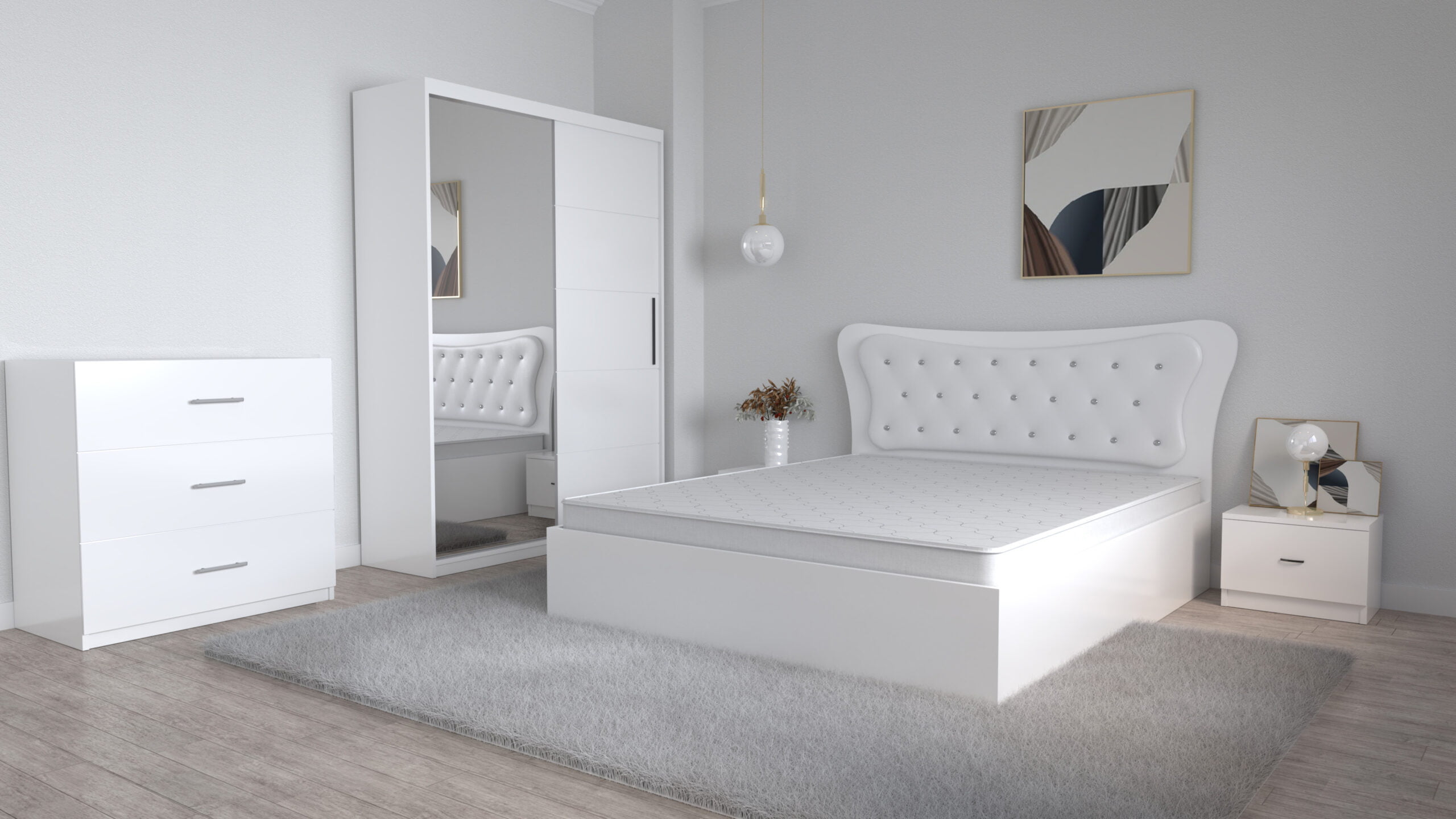 Dormitor-Dante-alb-cu-dressing-Deluxe-2-usi-alb-cu-oglinda-si-comoda-Alina-alb-3-sertare-scaled-1.jpg Dormitor Dante Alb cu Pat Matrimonial 160 cm x 200 cm Dulap usi Glisante cu Oglinda Noptiere si comoda Tv 3 sertare - imagine 1