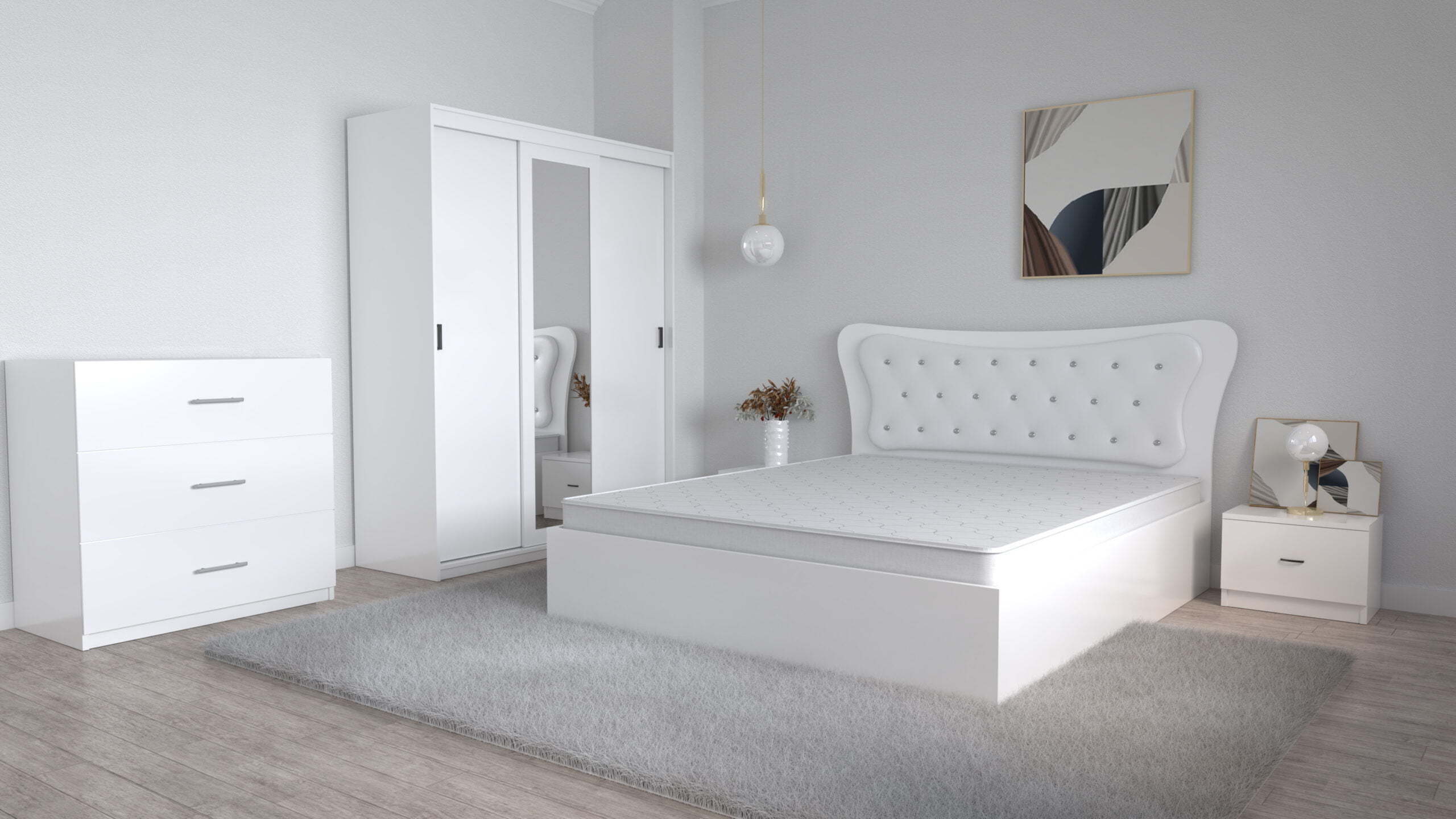 Dormitor-Dante-alb-cu-dressing-Royal-alb-cu-oglinda-si-comoda-Alina-alb-3-sertare-scaled-1.jpg Dormitor Dante Alb cu Pat Matrimonial 160 cm x 200 cm Dulap Royal usi Glisante cu Oglinda Noptiere si comoda Tv Royal - imagine 1