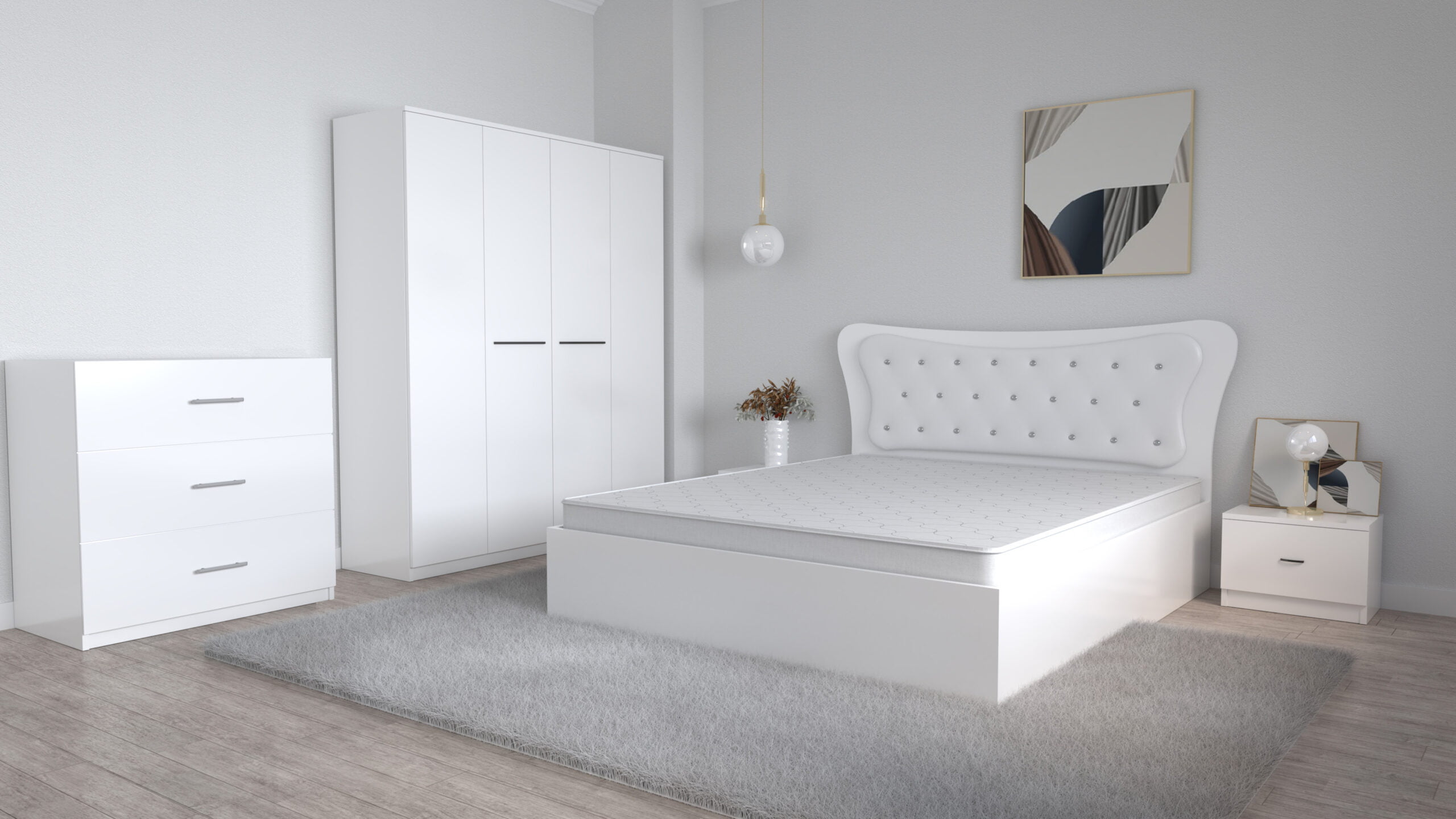 Dormitor-Dante-alb-cu-dulap-Lorena-alb-4-usi-si-comoda-Alina-alb-3-sertare-scaled-1.jpg Dormitor Dante Alb cu Pat Matrimonial 160 cm x 200 cm Dulap Lorena 4 usi Noptiere si Comoda Tv 3 sertare - imagine 1