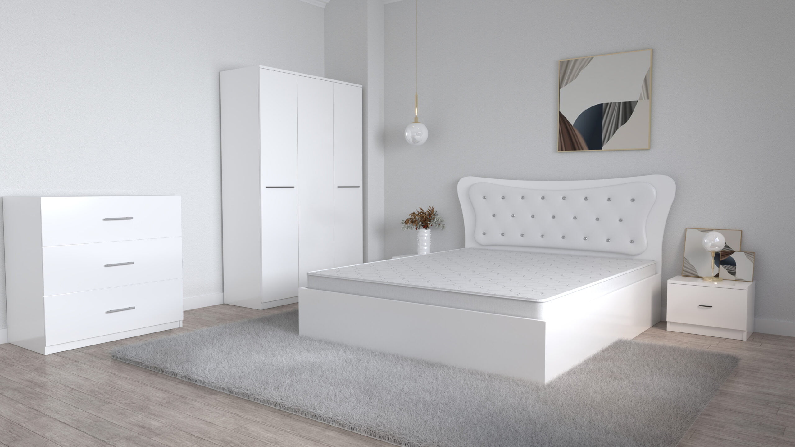 Dormitor-Dante-alb-cu-dulap-Roxana-alb-3-si-comoda-tv-Alina-alb-3-sertare-scaled-1.jpg Dormitor Dante Alb cu Pat Matrimonial 160 cm x 200 cm Dulap Lorena 3 usi Noptiere si Comoda Tv 3 Sertare - imagine 1