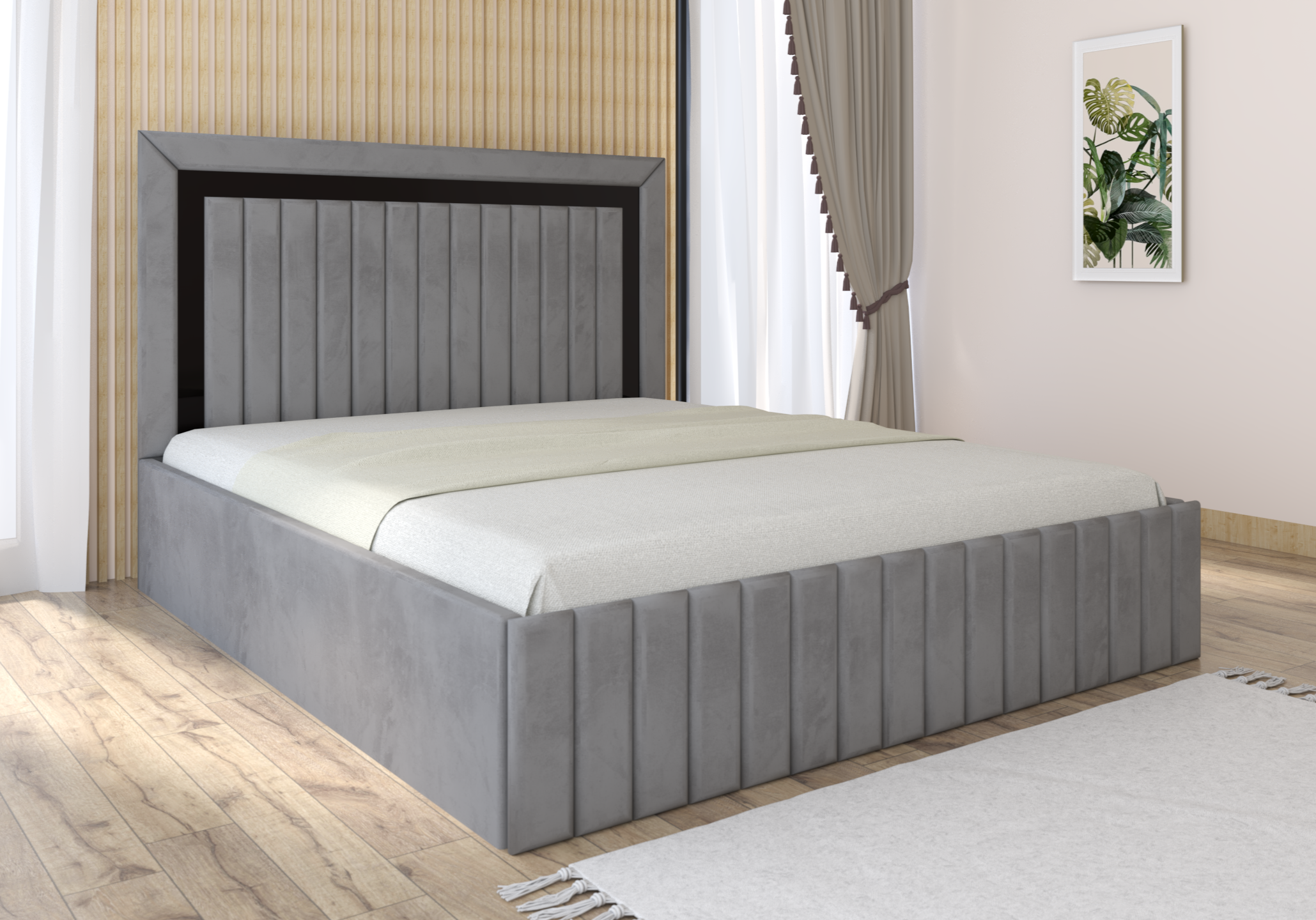 Gri-negru.png Pat tapitat Matei Gri Stofa cu oglinda Neagra - imagine 1