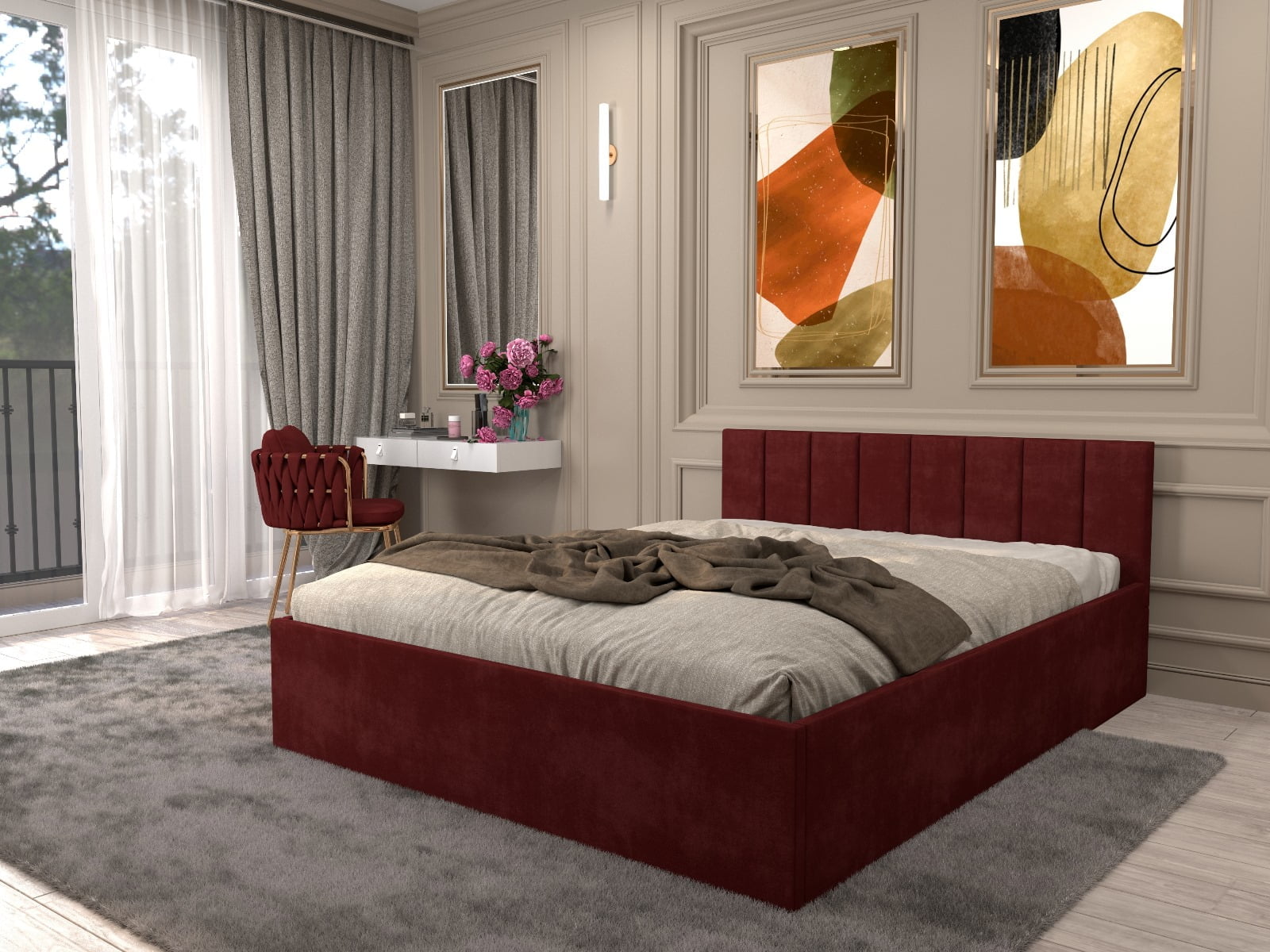 Imagine-WhatsApp-2023-12-19-la-14.34.15_2252d8ff.jpg Pat Oliver 120 cm x 200 cm Tapitat Visiniu stofa cu saltea - imagine 1