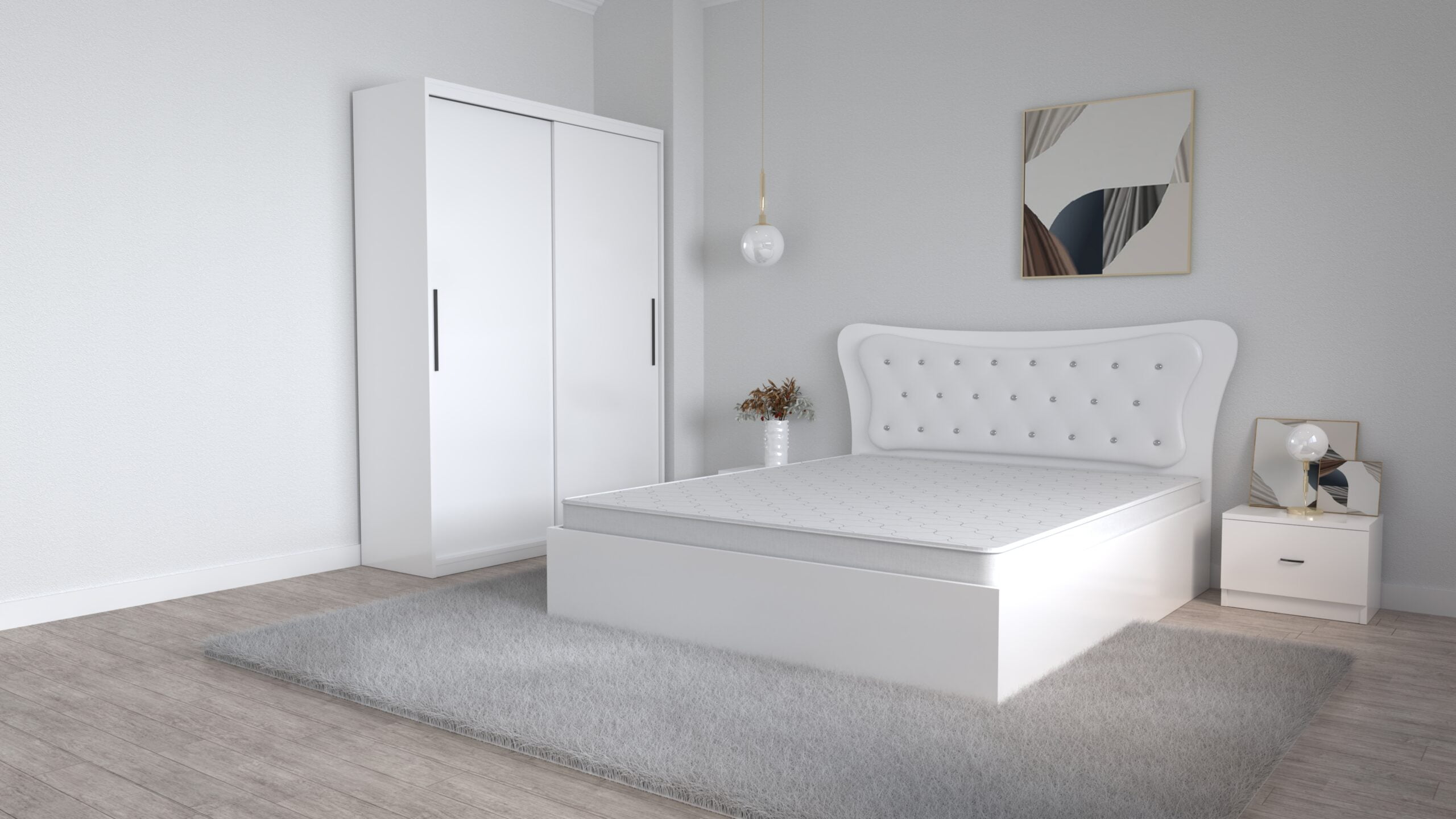 S-1-scaled-1.jpg Dormitor Dante Alb cu Pat Matrimonial 160 cm x 200 cm Dulap Doua usi glisante fara oglinda si Noptiere - imagine 1