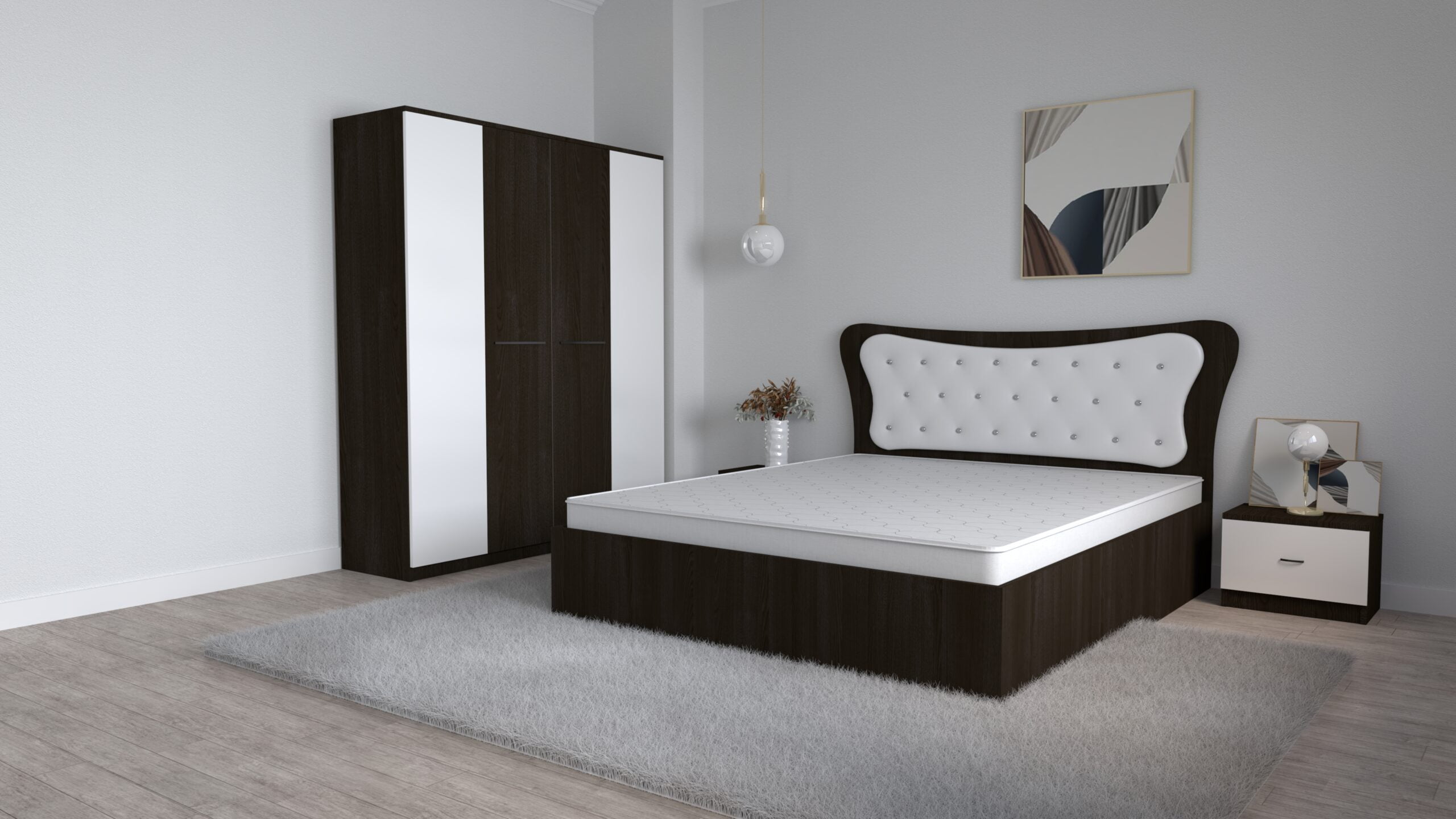 S-10-scaled-1.jpg Dormitor Dante Magia Alb cu Pat Matrimonial 160 cm x 200 cm Dulap lorena 4 usi si Noptiere - imagine 1