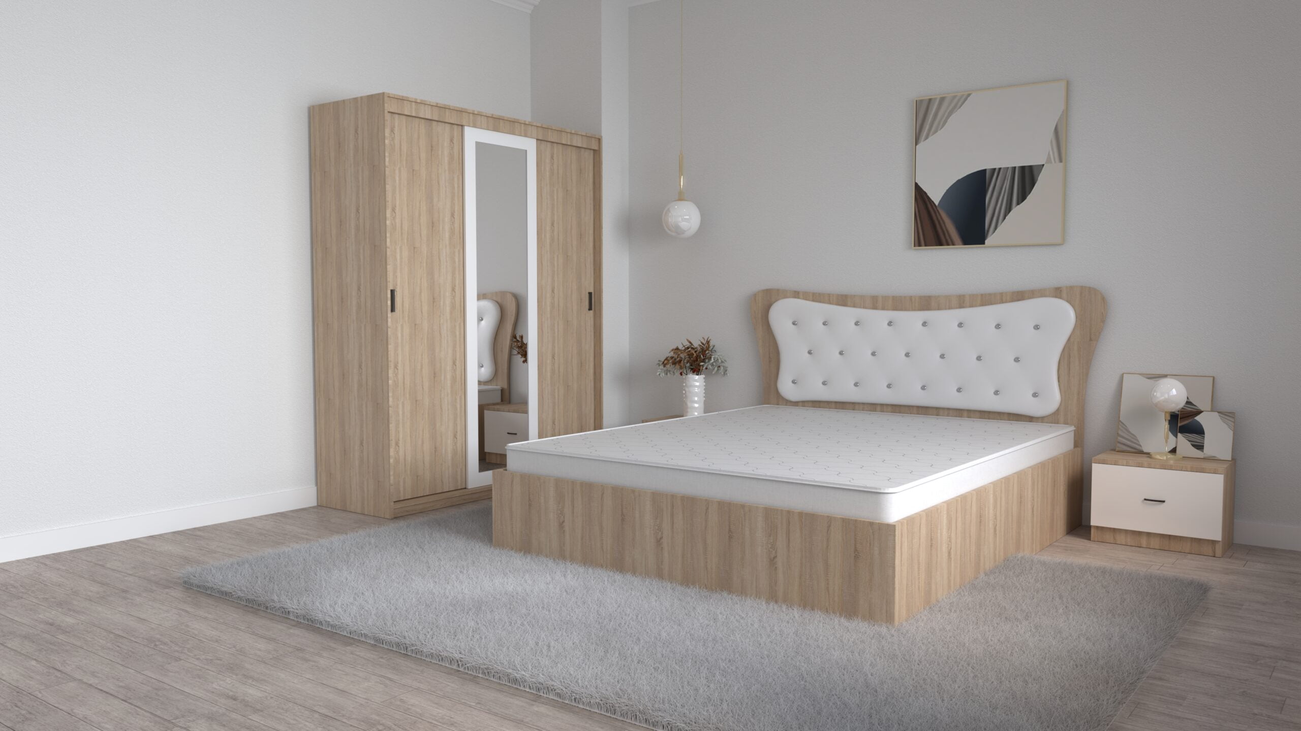 S-12-scaled-1.jpg Dormitor Dante Stejar Sonoma Alb cu Pat Matrimonial 160 cm x 200 cm Dulap trei usi glisante cu oglinda si Noptiere - imagine 1