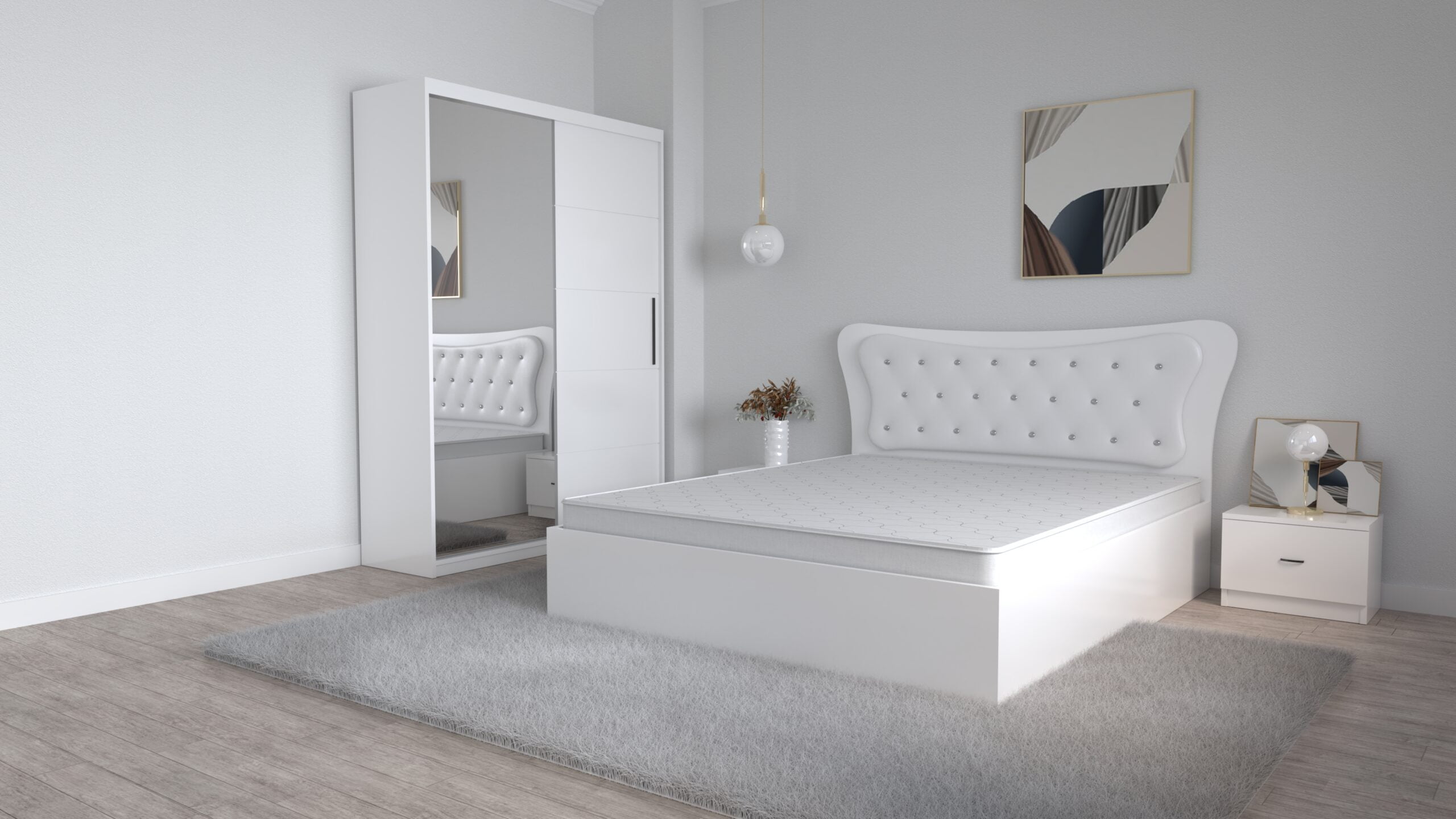 S-3-scaled-1.jpg Dormitor Dante Alb cu Pat Matrimonial 160 cm x 200 cm Dulap doua usi glisante cu oglinda si Noptiere - imagine 1