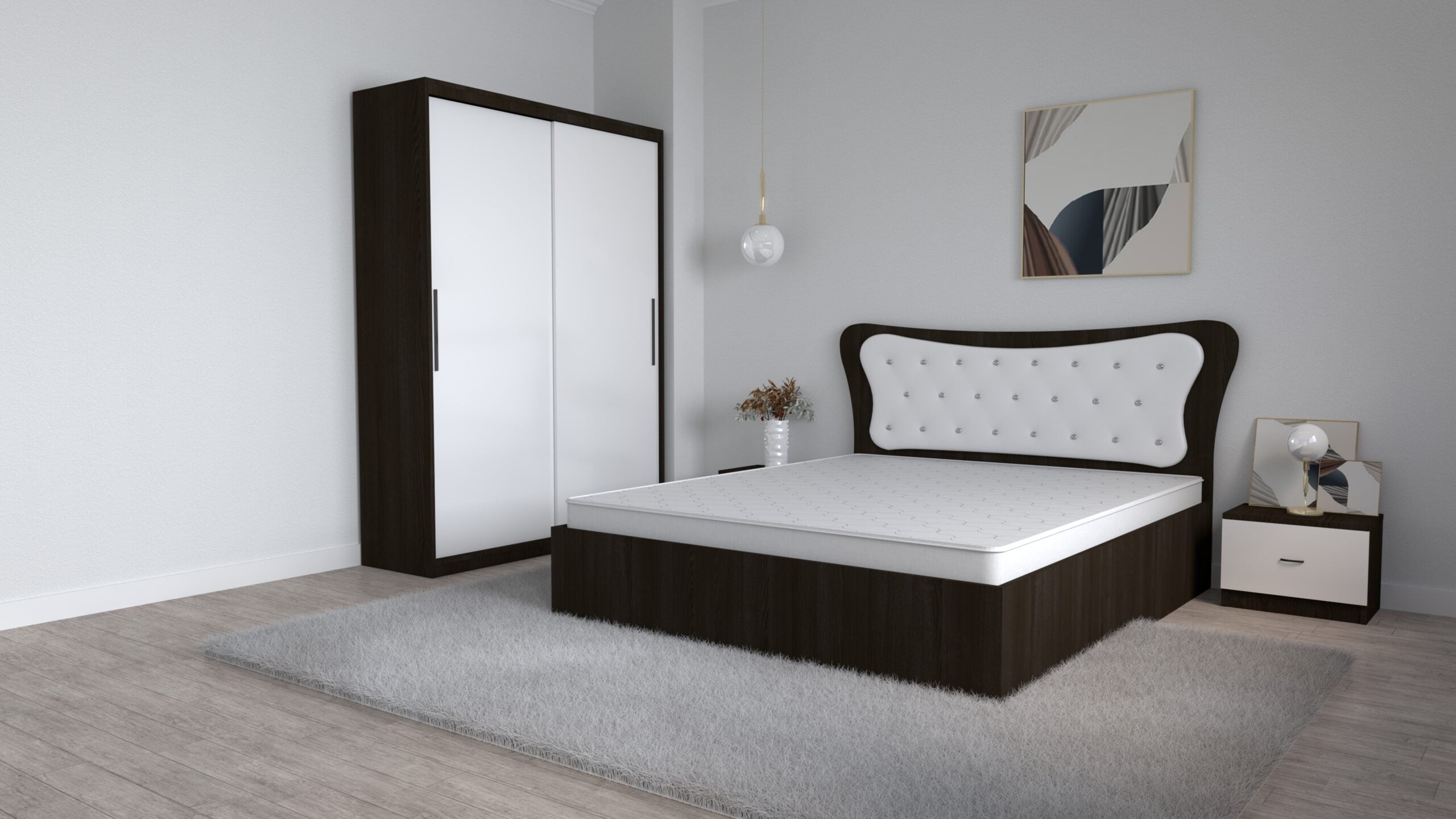 S-6-scaled-1.jpg Dormitor Dante Magia Alb cu Pat Matrimonial 160 cm x 200 cm Dulap doua usi glisante fara oglinda si Noptiere - imagine 1