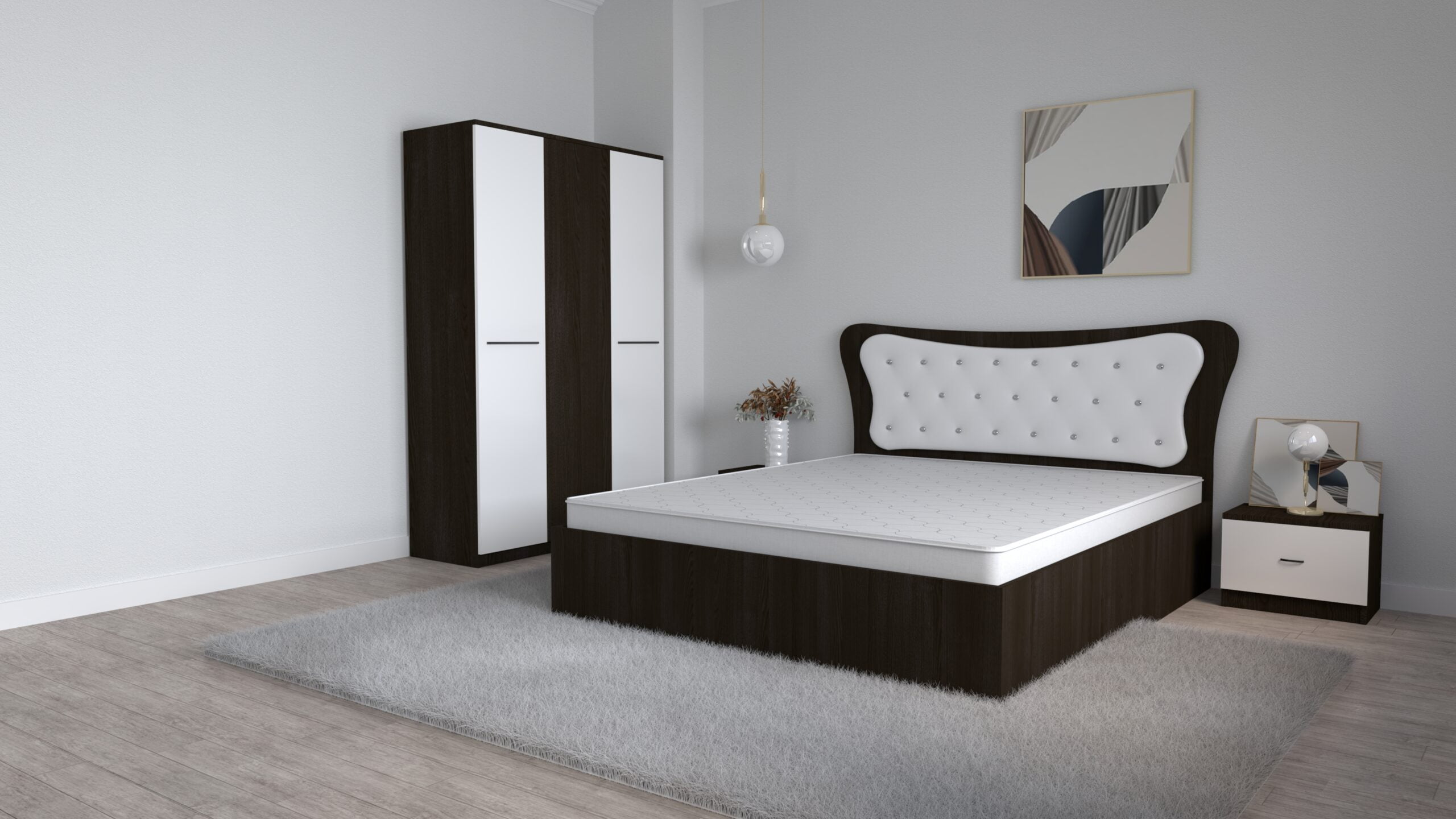 S-9-scaled-1.jpg Dormitor Dante Magia Alb cu Pat Matrimonial 160 cm x 200 cm Dulap Lorena 3 usi si Noptiere - imagine 1