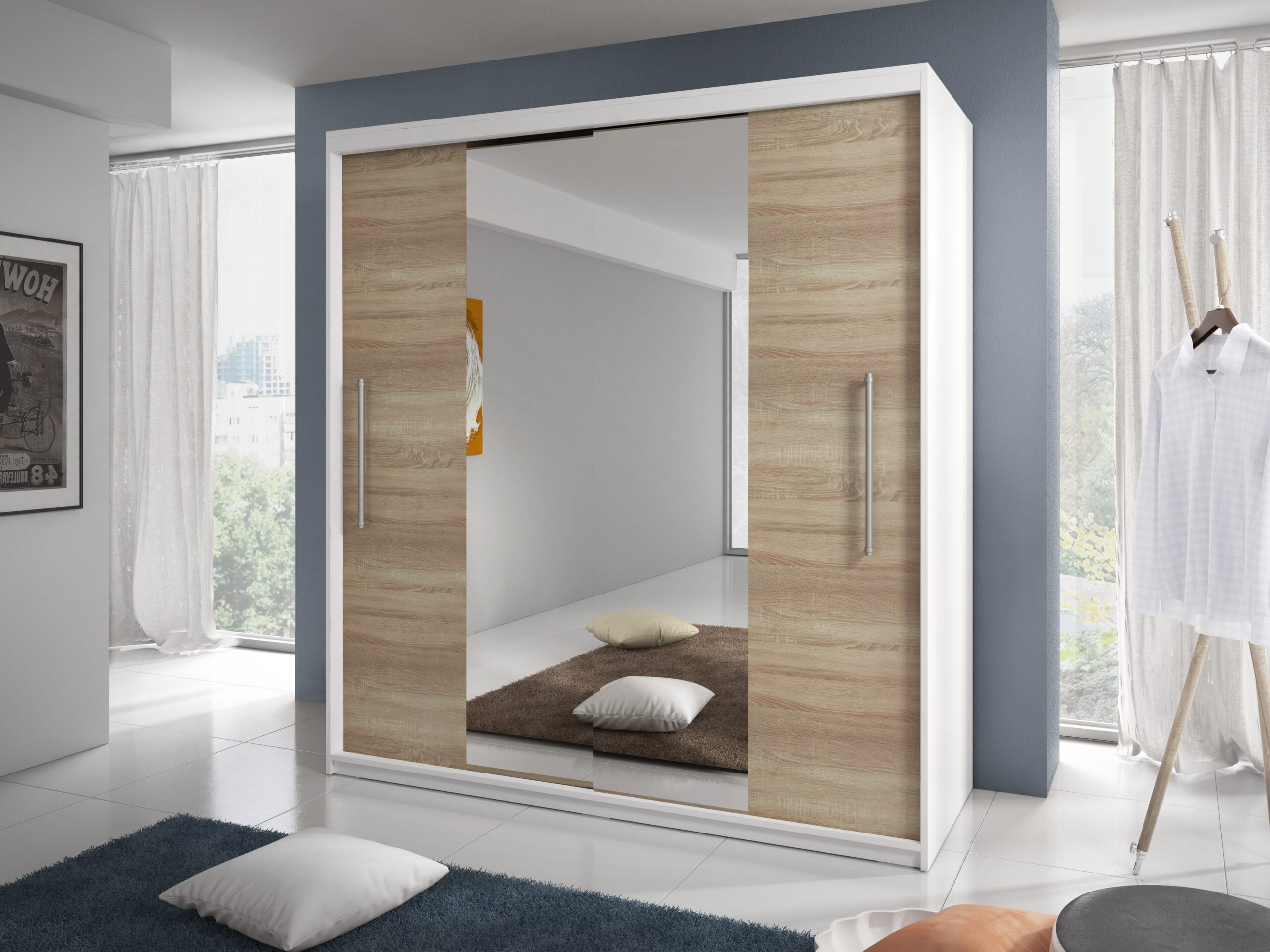 TORINO-bialy-mat-sonoma-lustro-scaled-1.jpg Dressing Sebastian 200 cm Alb cu usi Sonoma glisante cu oglinda - imagine 2