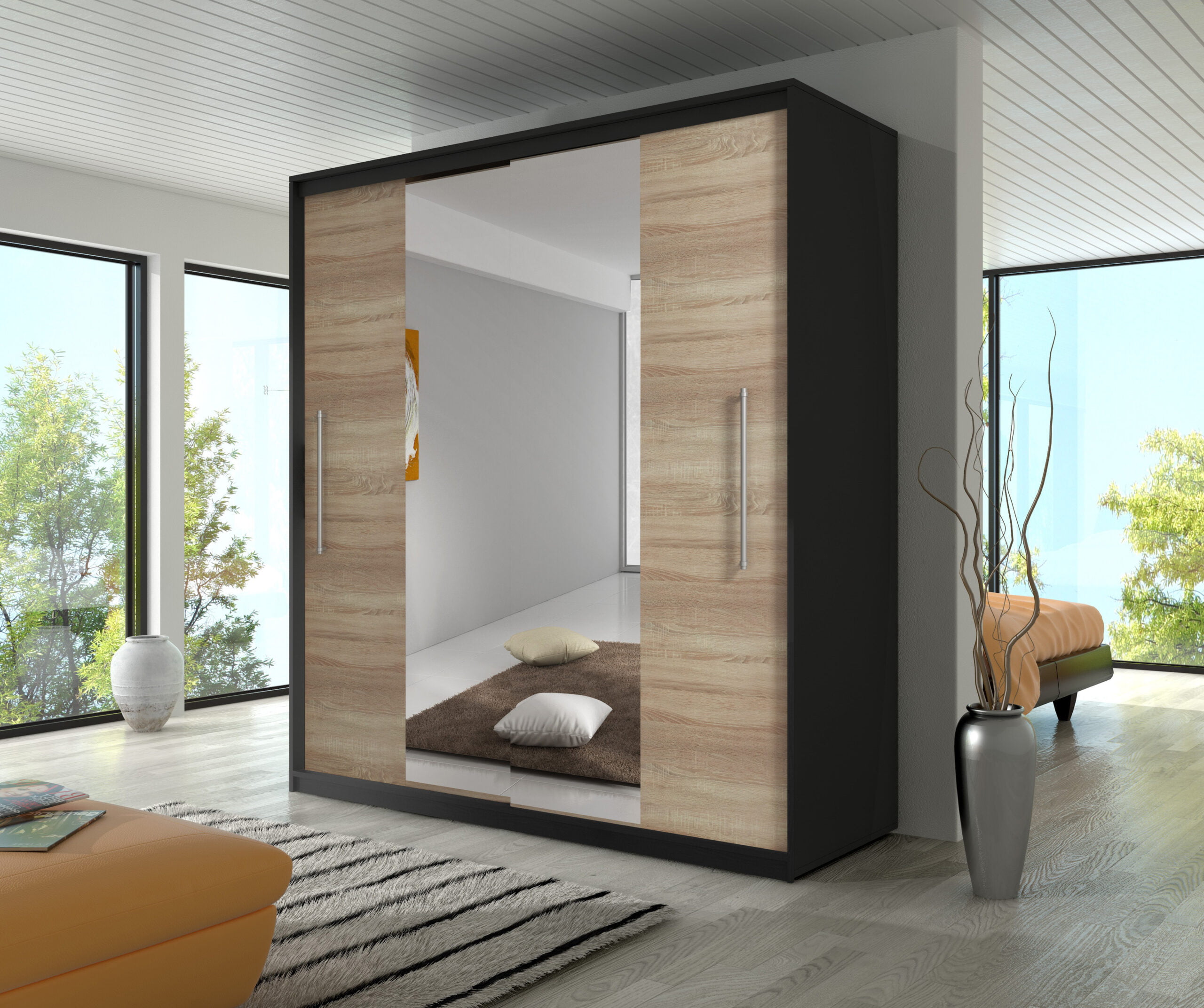 TORINO-cambridge-sonoma-lustro-scaled-1.jpg Dressing Sebastian 200 cm Wenge cu usi Sonoma glisante cu oglinda - imagine 2