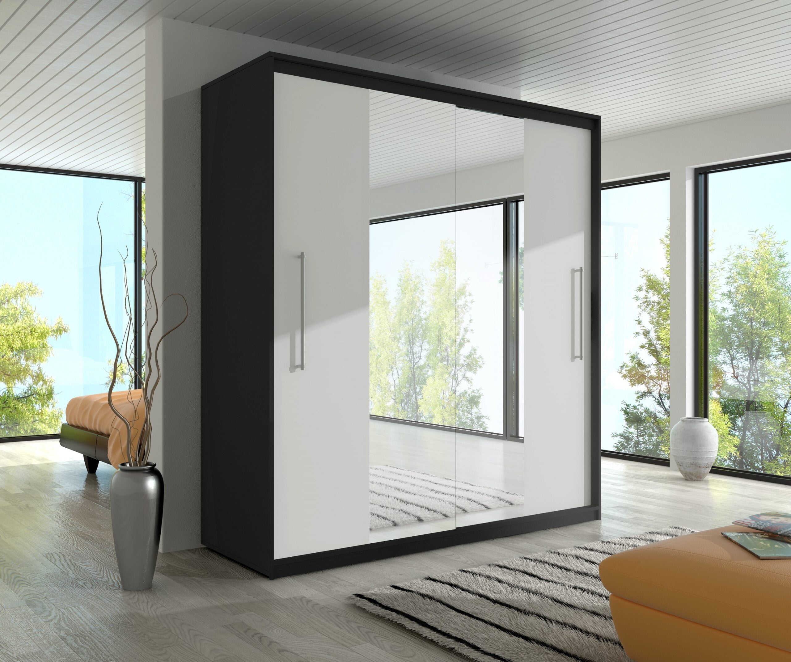 TORINO-czarny-mat-bialy-mat-lustro-scaled-1.jpg Dressing Sebastian 200 cm Wenghe cu usi Albe glisante cu oglinda - imagine 2