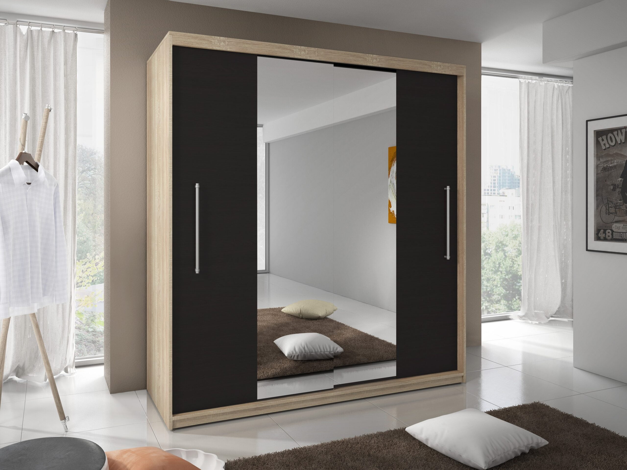 TORINO-sonoma-czarny-mat-lustro-1-scaled-1.jpg Dressing Sebastian 200 cm Sonoma cu usi Wenge glisante cu oglinda - imagine 2
