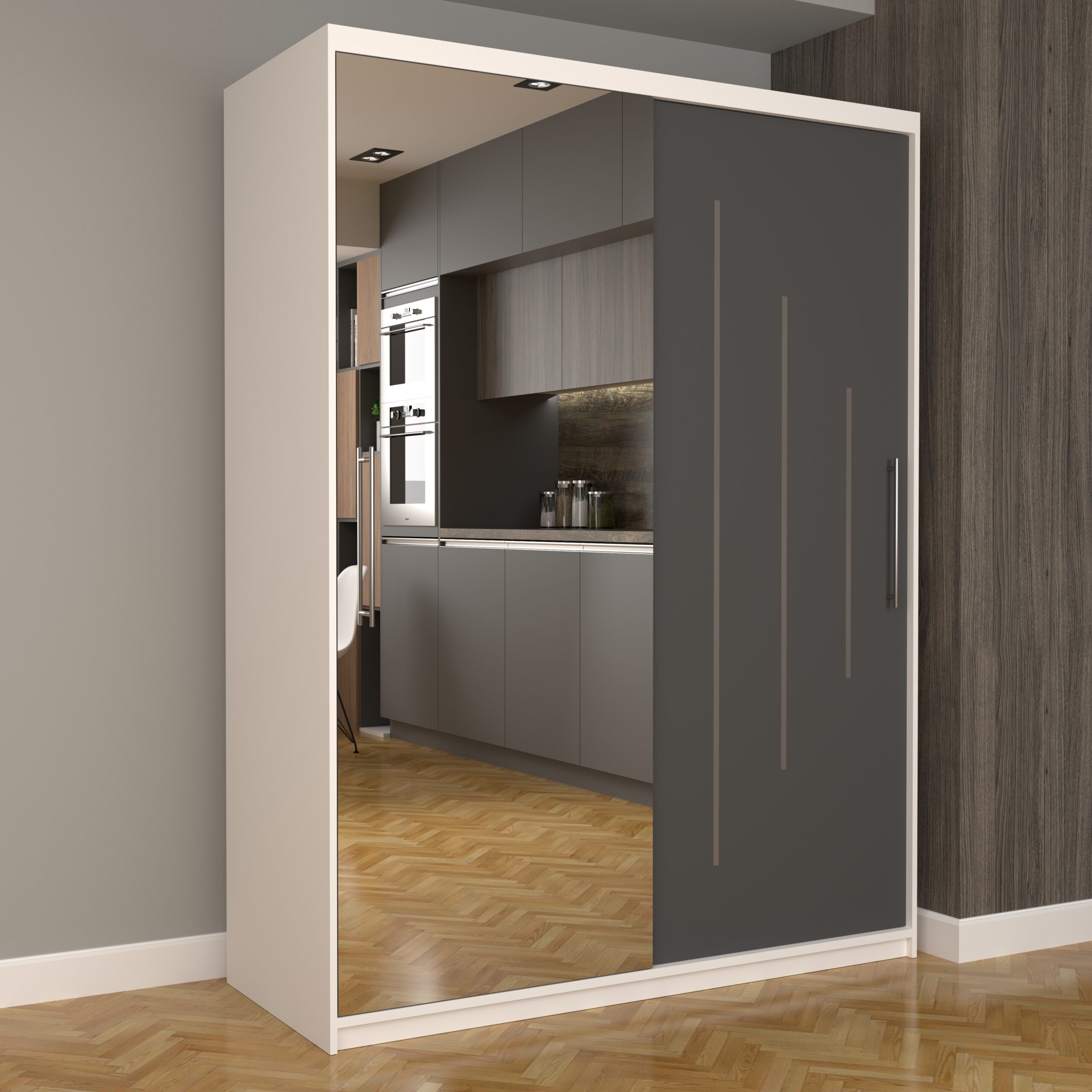 a-102-scaled-1.jpg Dulap Dormitor Nova Ultra 150 cm x 200 cm , cu oglinda , alb cu usi glisante gri - imagine 1