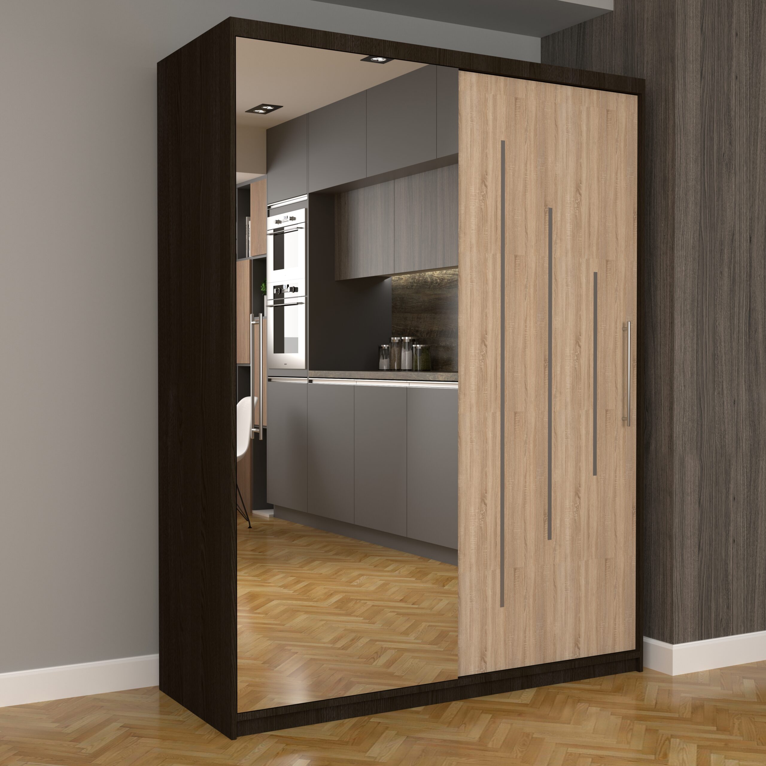 a-103-scaled-1.jpg Dulap Dormitor Nova Ultra 150 cm x 200 cm , cu oglinda , wenge cu usi glisante sonoma - imagine 1