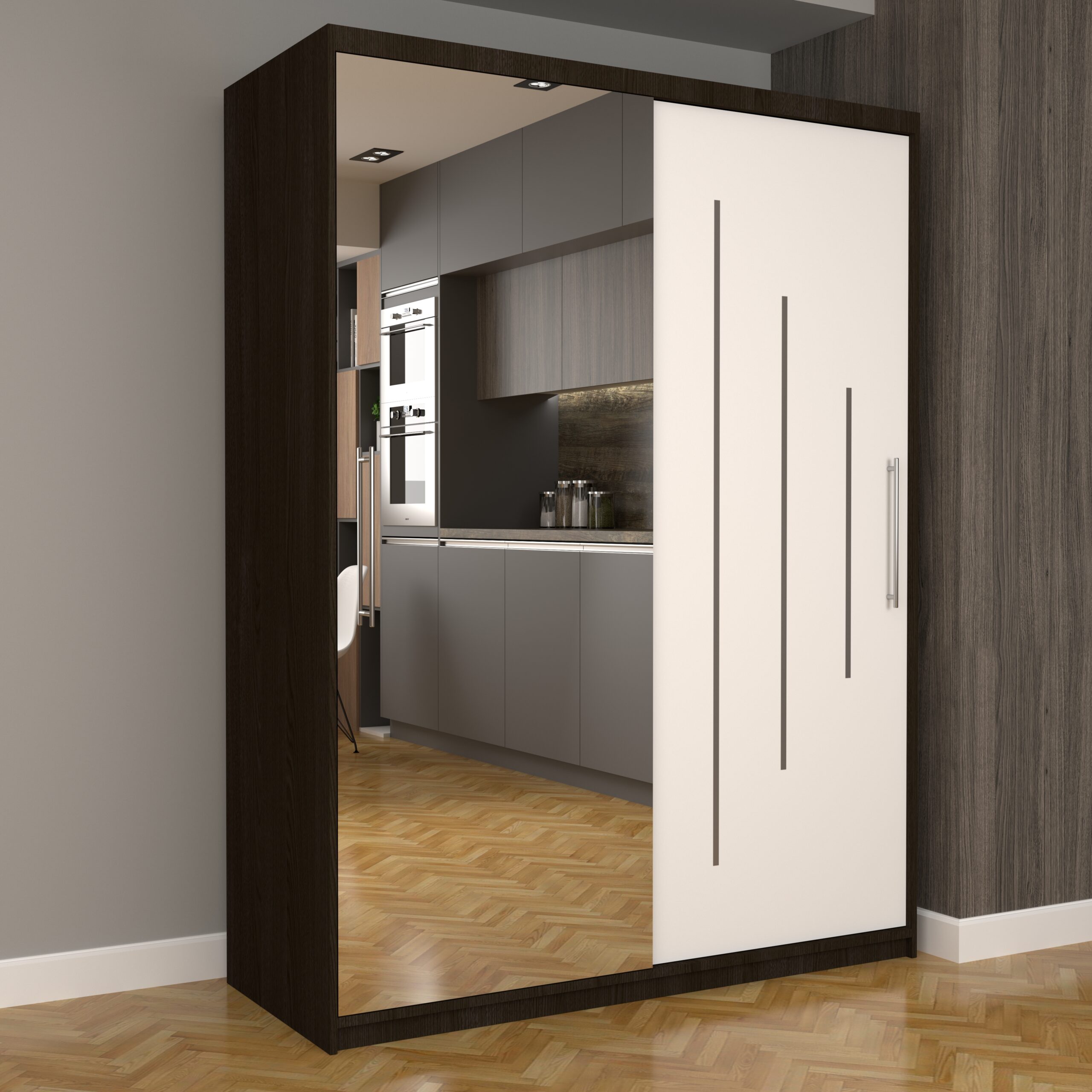 a-104-scaled-1.jpg Dulap Dormitor Nova Ultra 150 cm x 200 cm , cu oglinda , wenge cu usi glisante albe - imagine 1