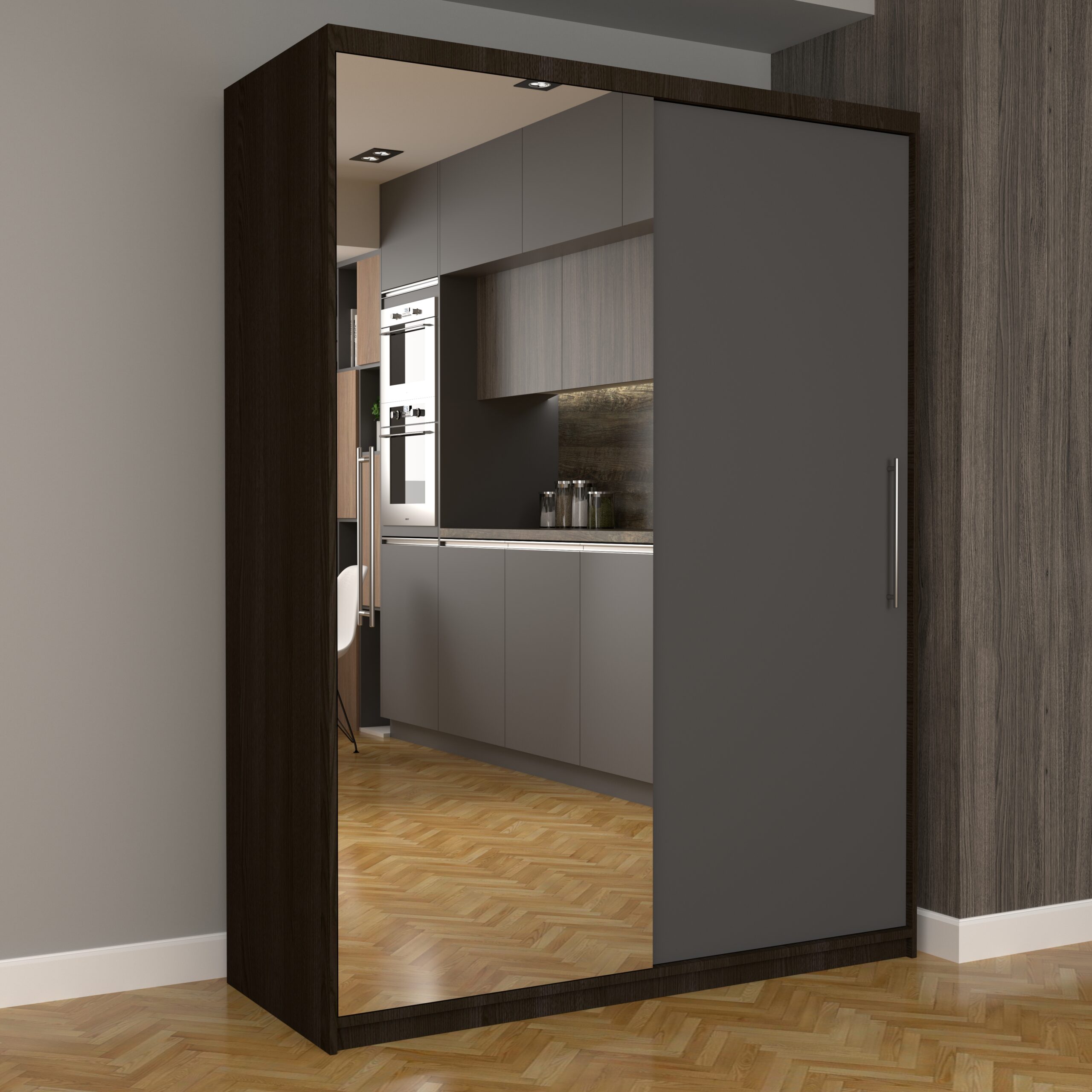 a-110-scaled-1.jpg Dulap Dormitor Nova Eco 150 cm x 200 cm, cu oglinda, wenge cu usi glisante gri - imagine 1