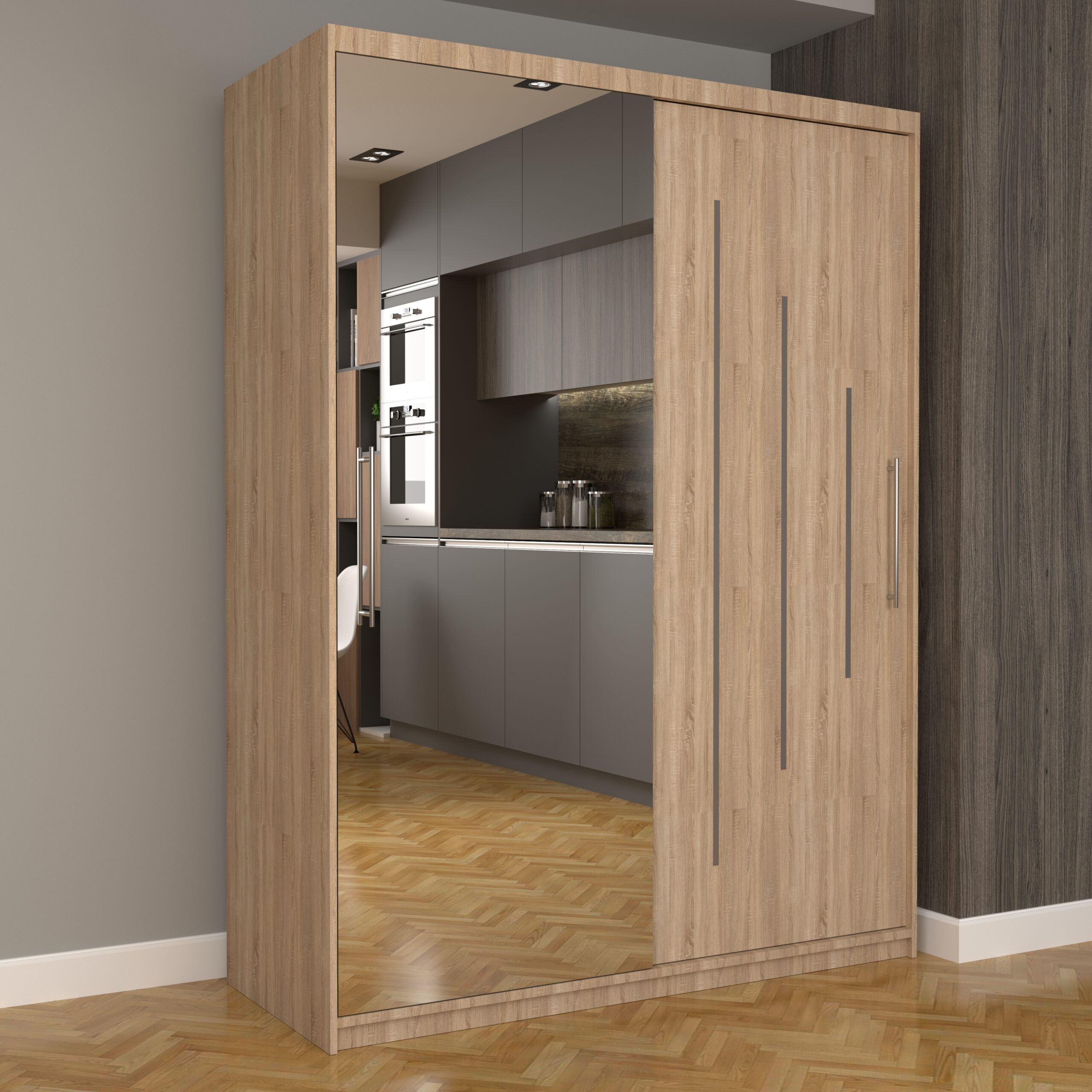 a-115-scaled-1.jpg Dulap Dormitor Nova Ultra 150 cm x 200 cm , cu oglinda , sonoma cu usi glisante sonoma - imagine 1