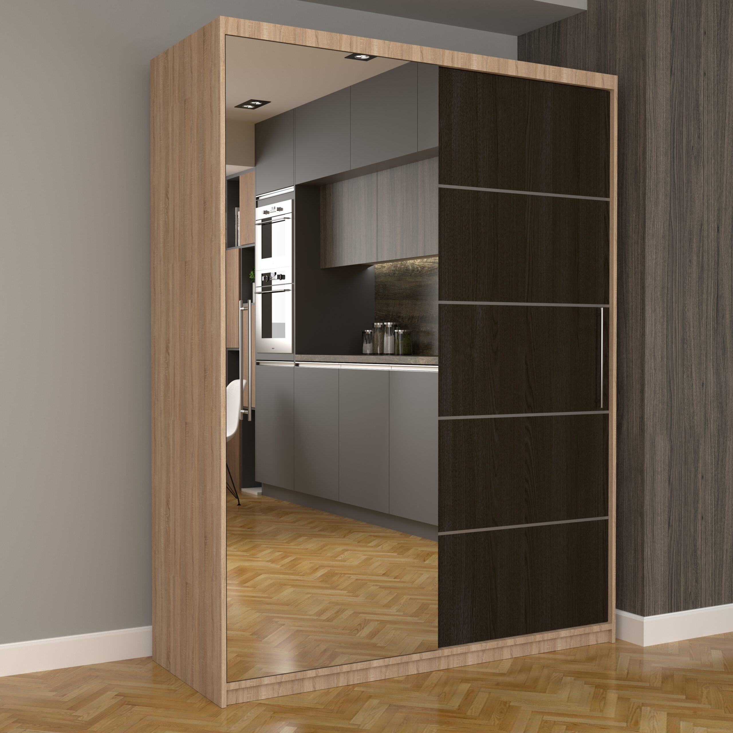 a-120-scaled-1.jpg Dulap Dormitor Nova Plus 150 cm x 200 cm, cu oglinda, Sonoma cu usi glisante Wenge - imagine 1