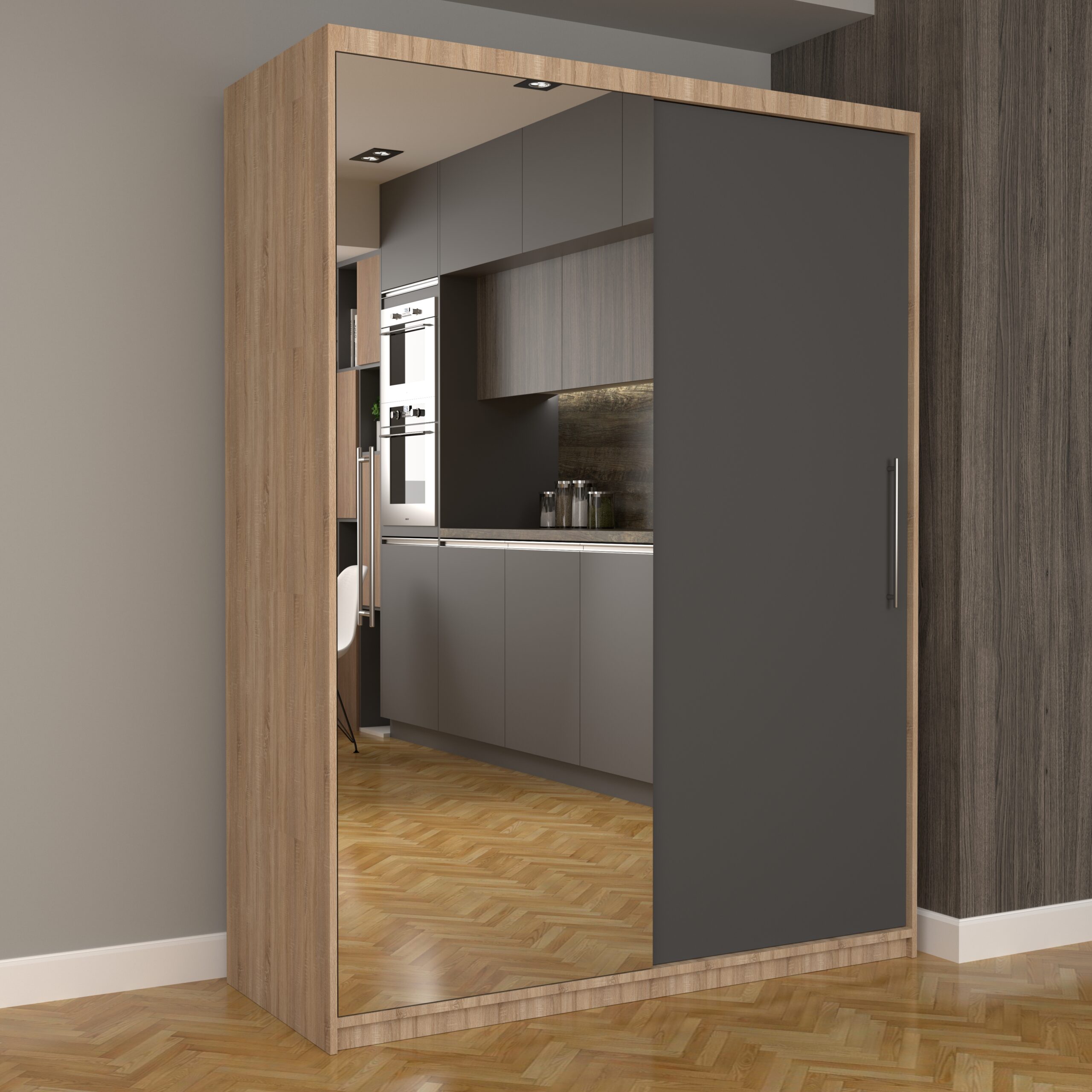 a-122-scaled-1.jpg Dulap Dormitor Nova Eco 150 cm x 200 cm, cu oglinda, sonoma cu usi glisante gri - imagine 1