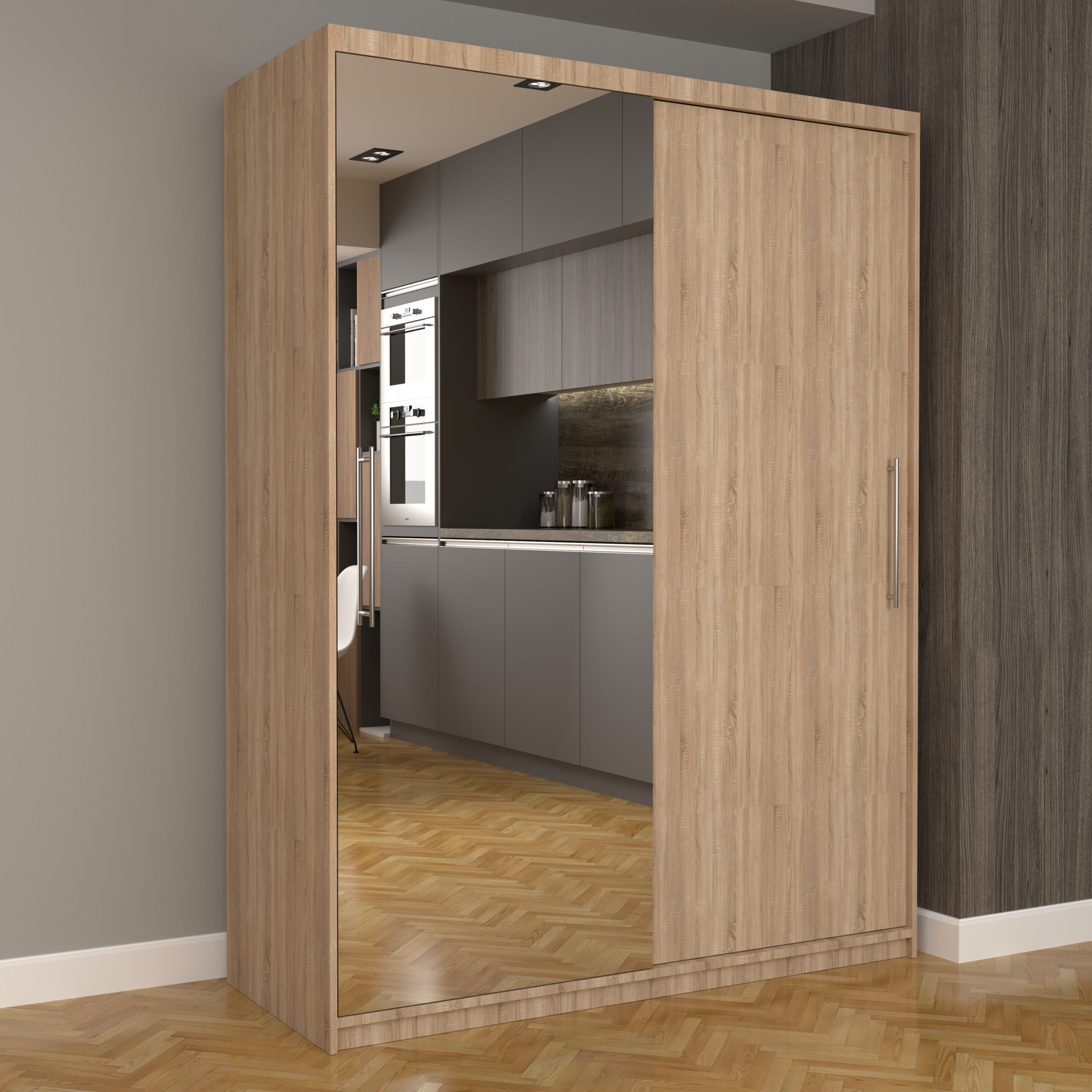 a-123-scaled-1.jpg Dulap Dormitor Nova Eco 150 cm x 200 cm, cu oglinda, sonoma cu usi glisante sonoma - imagine 1