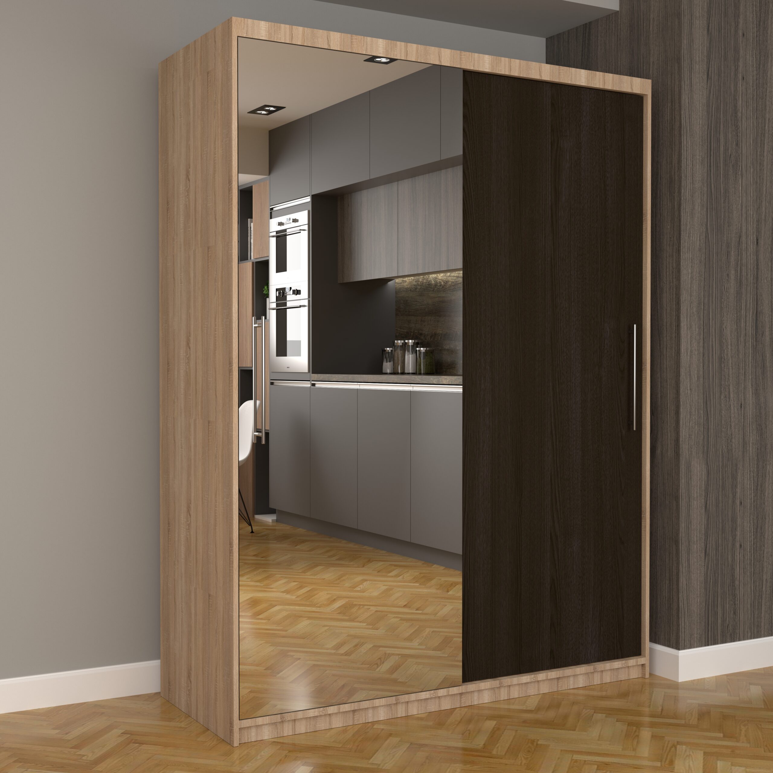 a-124-scaled-1.jpg Dulap Dormitor Nova Eco 150 cm x 200 cm, cu oglinda, sonoma cu usi glisante wenge - imagine 1