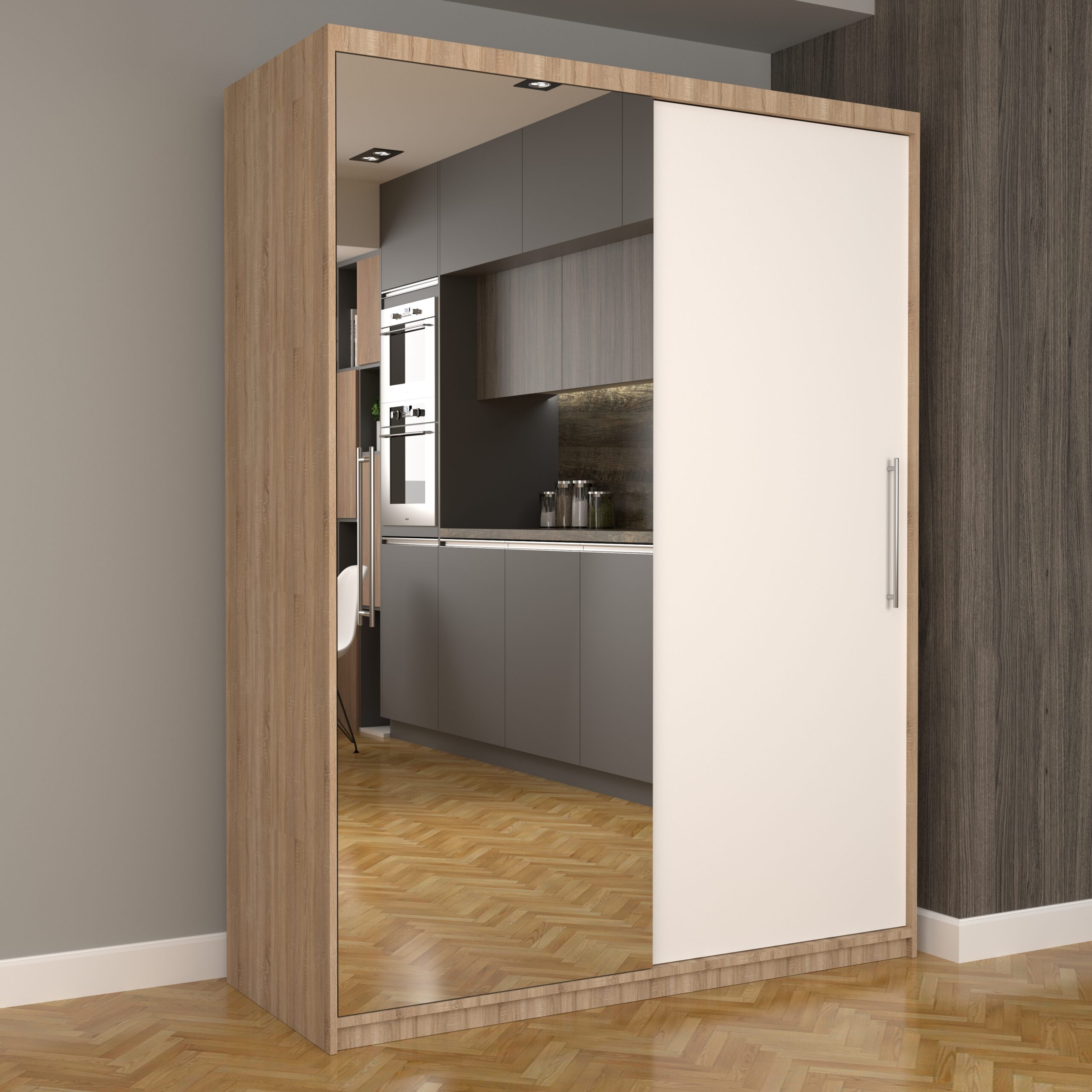 a-125-scaled-1.jpg Dulap Dormitor Nova Eco 150 cm x 200 cm, cu oglinda, sonoma cu usi glisante albe - imagine 1