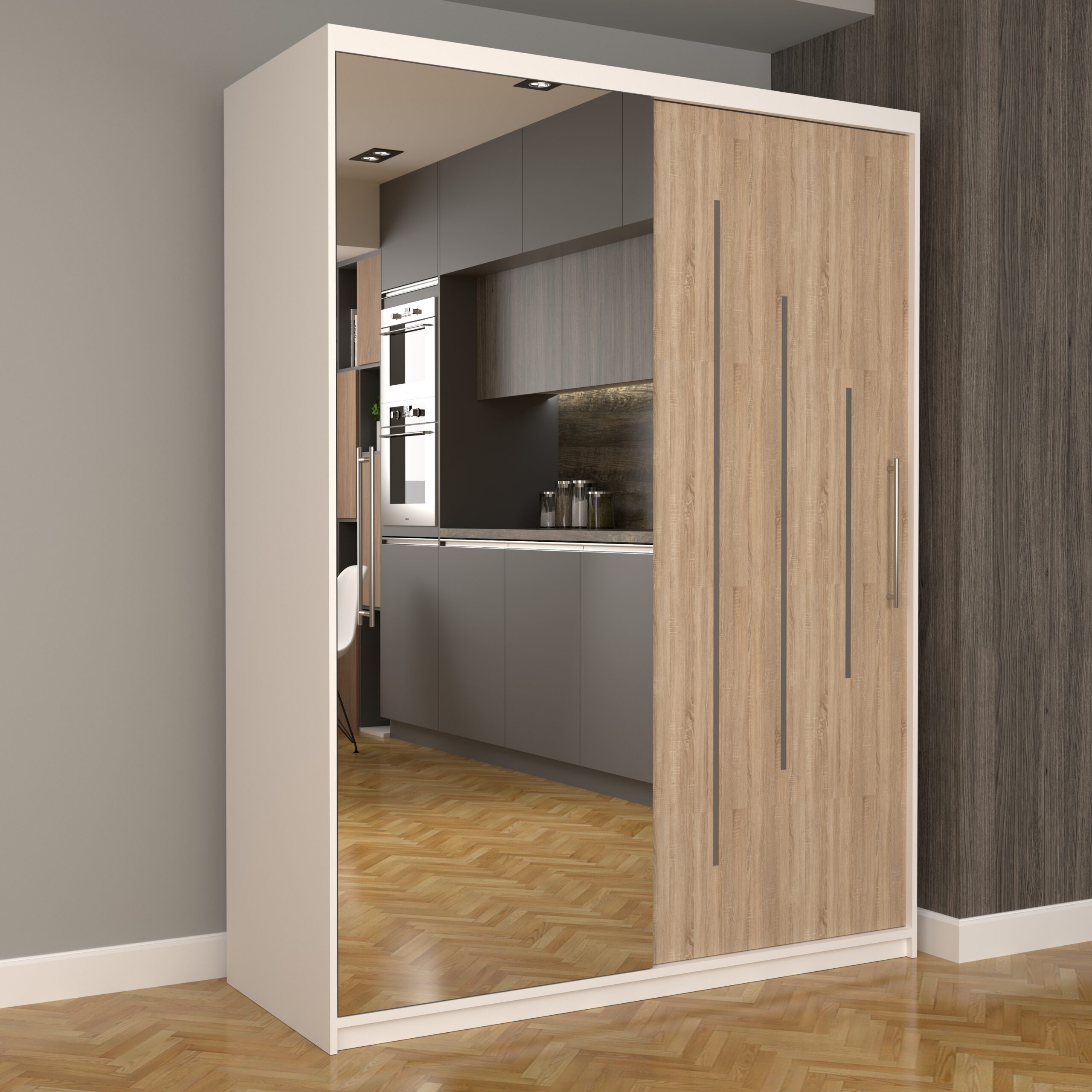 a-126-scaled-1.jpg Dulap Dormitor Nova Ultra 150 cm x 200 cm cu oglinda Alb cu usi glisante Sonoma - imagine 1